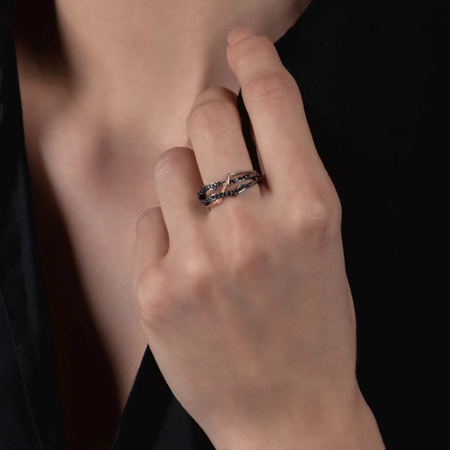 Enchanted Disney Fine Jewelry 10K Rose Gold and Black Rhodium Over Sterling Silver with 1/5 CTTW Black Diamond Maleficent "Thorn" Ring - Image 2