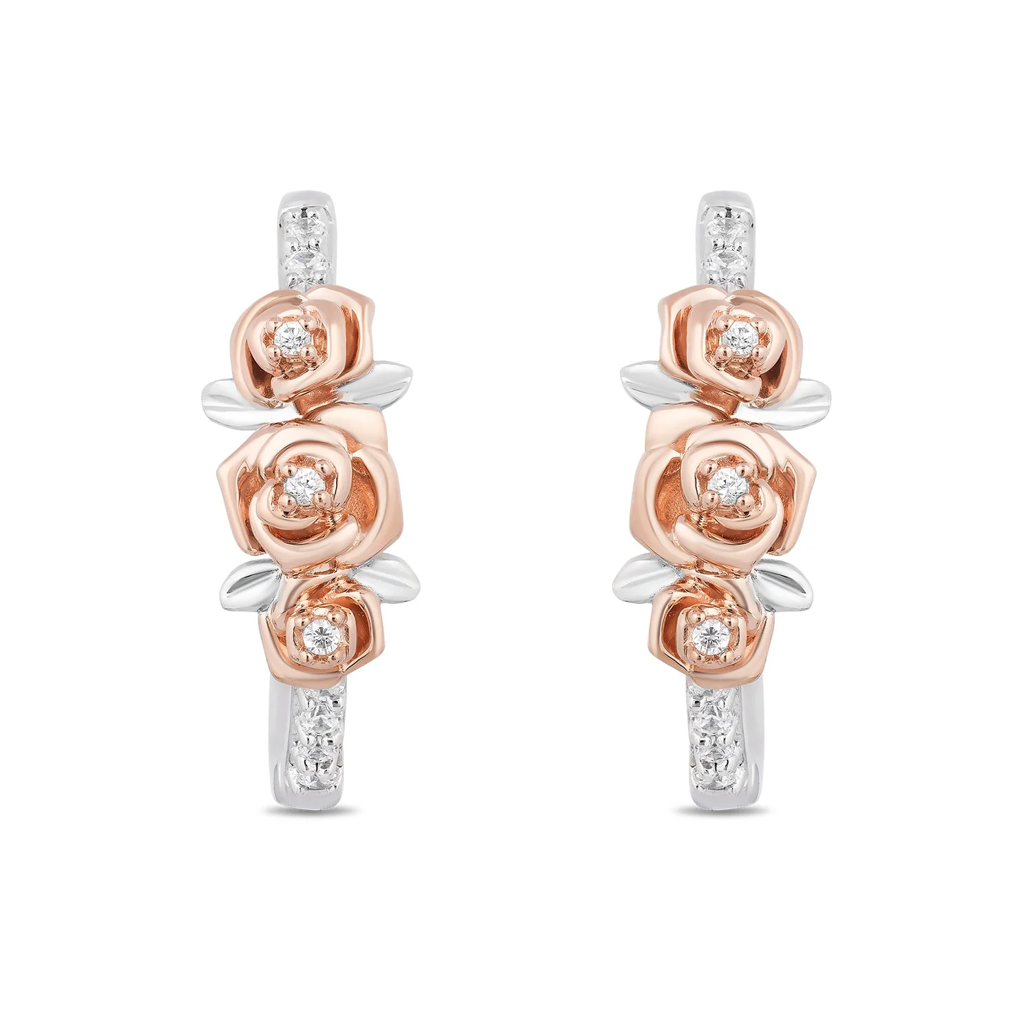 Enchanted Disney Fine Jewelry 10K Rose Gold and Sterling Silver with 1/5 CTTW Diamond Belle"Dozen Roses" Earrings - Image 3
