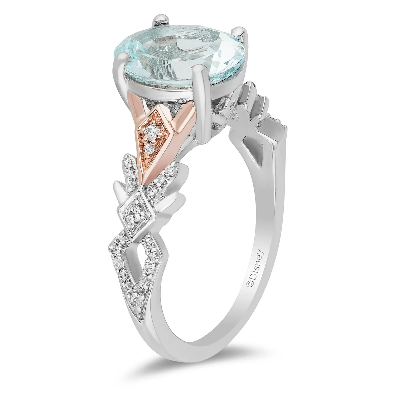 Enchanted Disney Fine Jewelry 10K White Gold and Rose Gold with 1/6 CTTW Diamond and Aquamarine Elsa Engagement Ring - Image 5