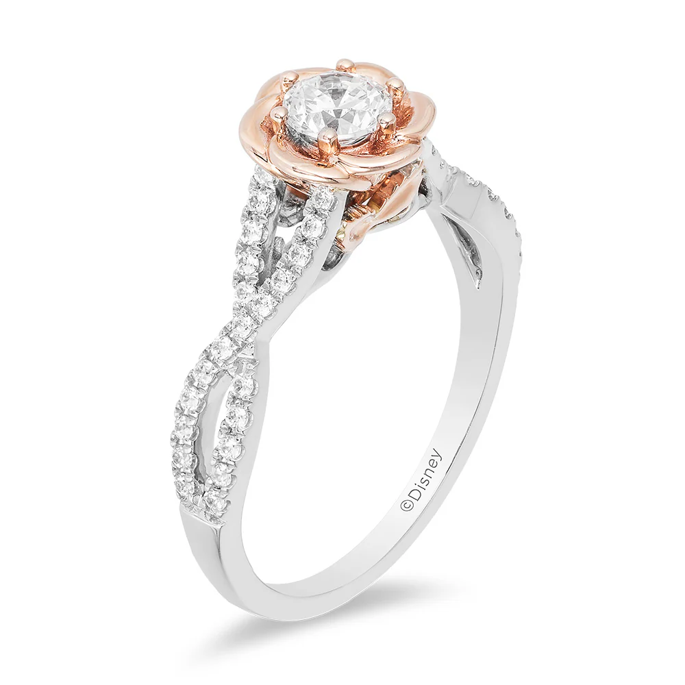 Enchanted Disney Fine Jewelry 14K Rose Gold and White Gold with 1/2 CTTW Diamond Belle Bridal Ring - Image 5