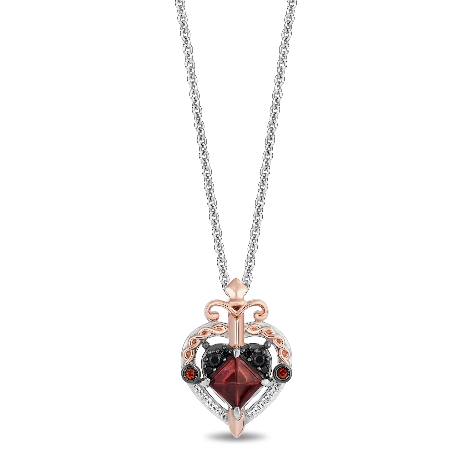 Enchanted Disney Fine Jewelry 14K Rose Gold and Black Rhodium over Sterling Silver with 1/10 CTTW Diamonds and Special Cut Pyramid Garnet Evil Queen Necklace