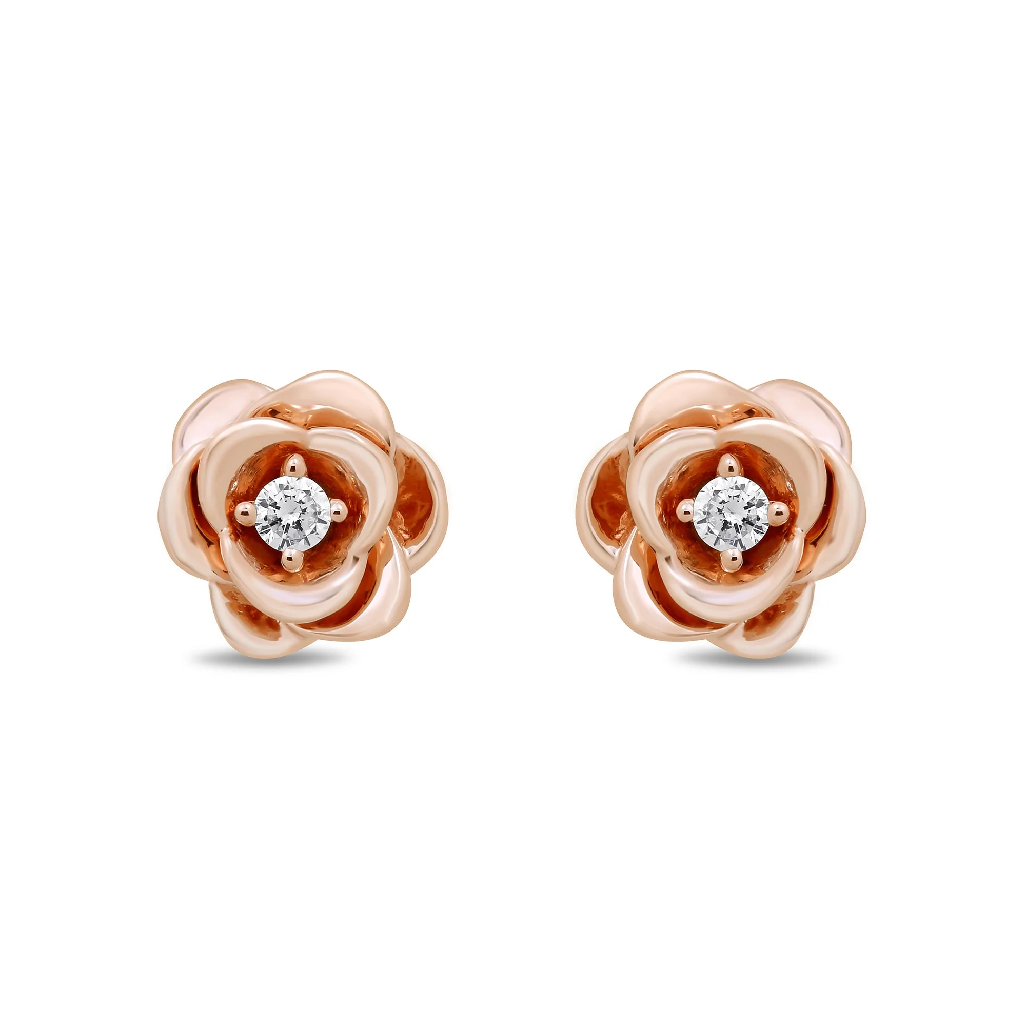 Enchanted Disney Fine Jewelry 14K Rose Gold over Sterling Silver 1/20 CTTW Diamond Belle Rose Earrings - Image 3