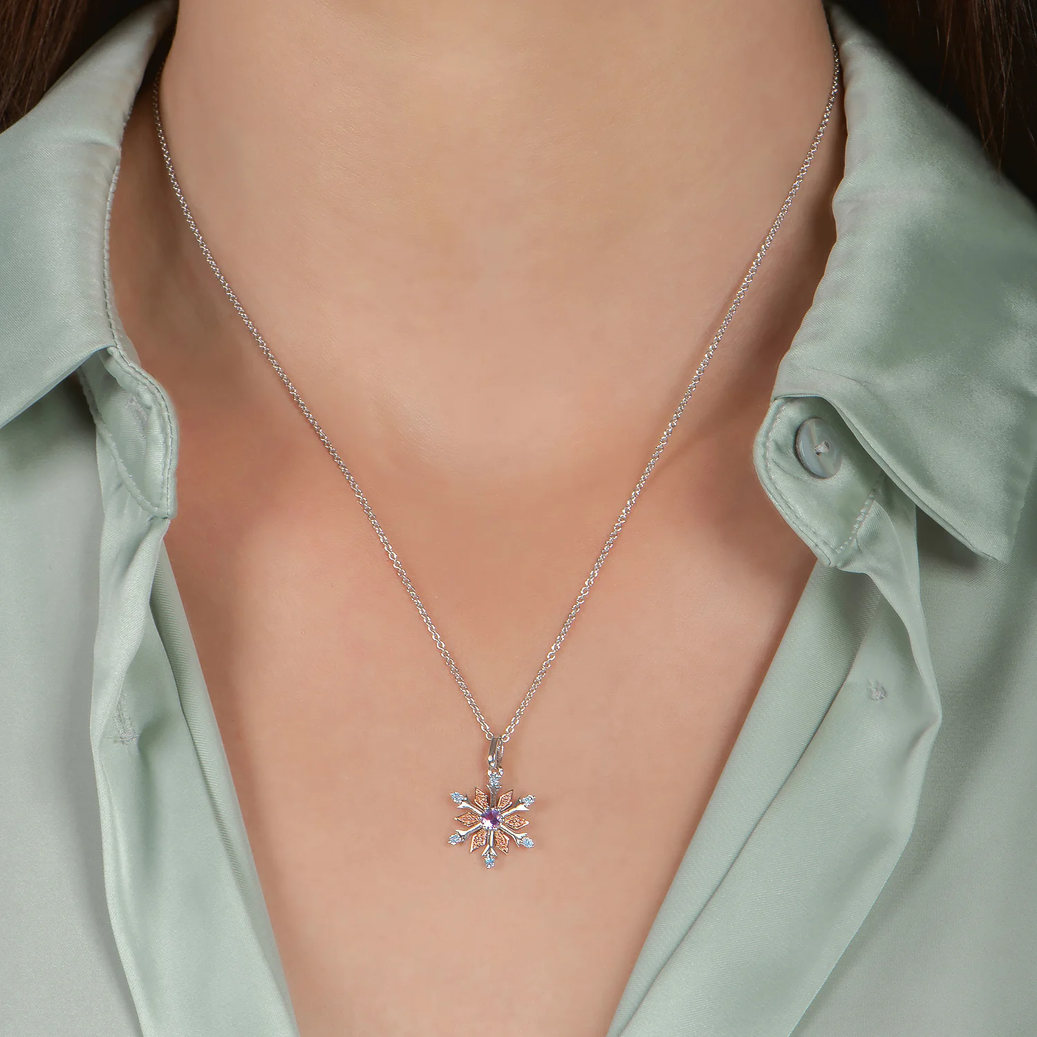 Enchanted Disney Fine Jewelry 14K Rose Gold over Sterling Silver 1/20 CTTW Diamond with Swiss Blue Topaz and Rose De France Elsa Snowflake Pendant Necklace - Image 2