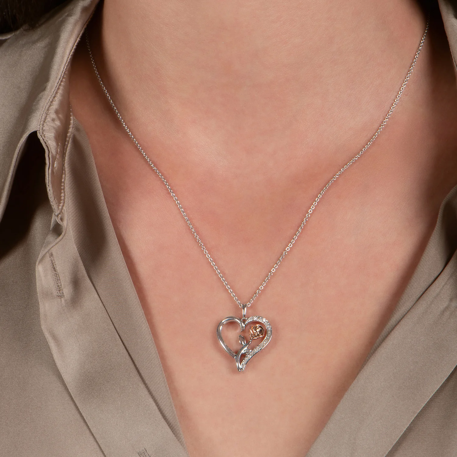 Enchanted Disney Fine Jewelry 14K Rose Gold over Sterling Silver with 1/10 CTTW Belle Rose Fashion Pendant Necklace - Image 2