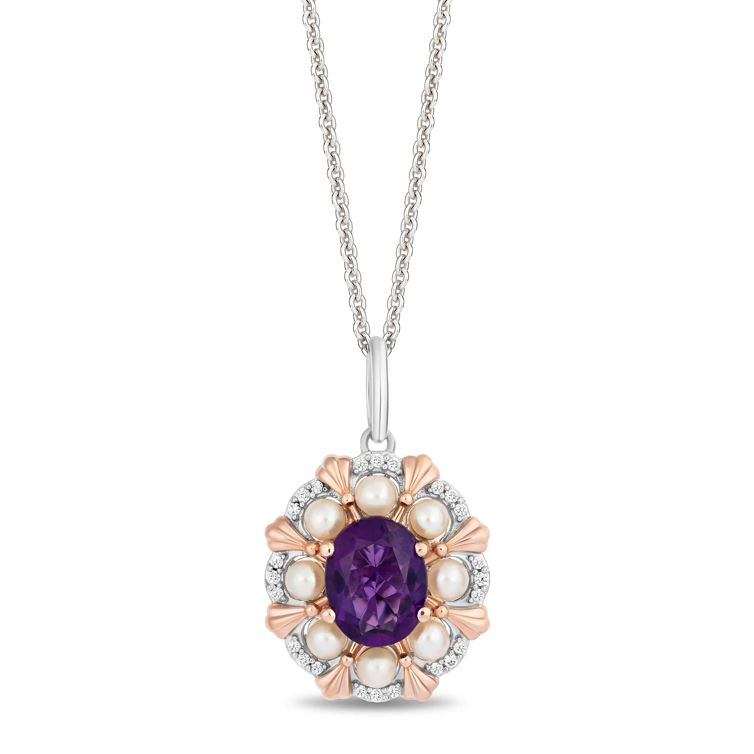Enchanted Disney Fine Jewelry 14K Rose Gold Over Sterling Silver with 1/10 CTTW Diamonds, Amethyst and Fresh Water Pearl, Disney's Ariel Pendant Necklace