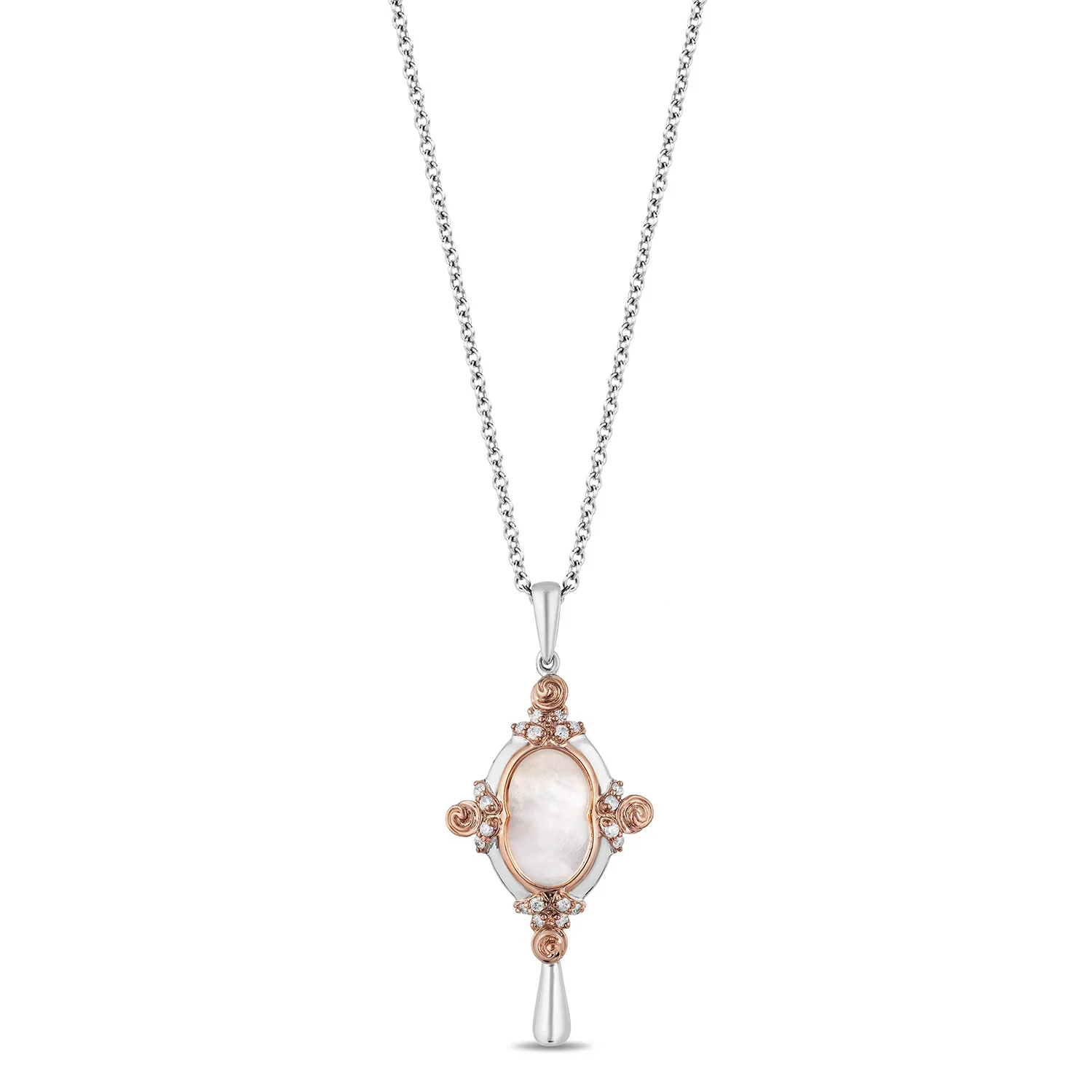 Enchanted Disney Fine Jewelry 14K Rose Gold Over Sterling Silver with 1/10 CTTW Diamond and Mother of Pearl Belle Mirror Pendant Necklace