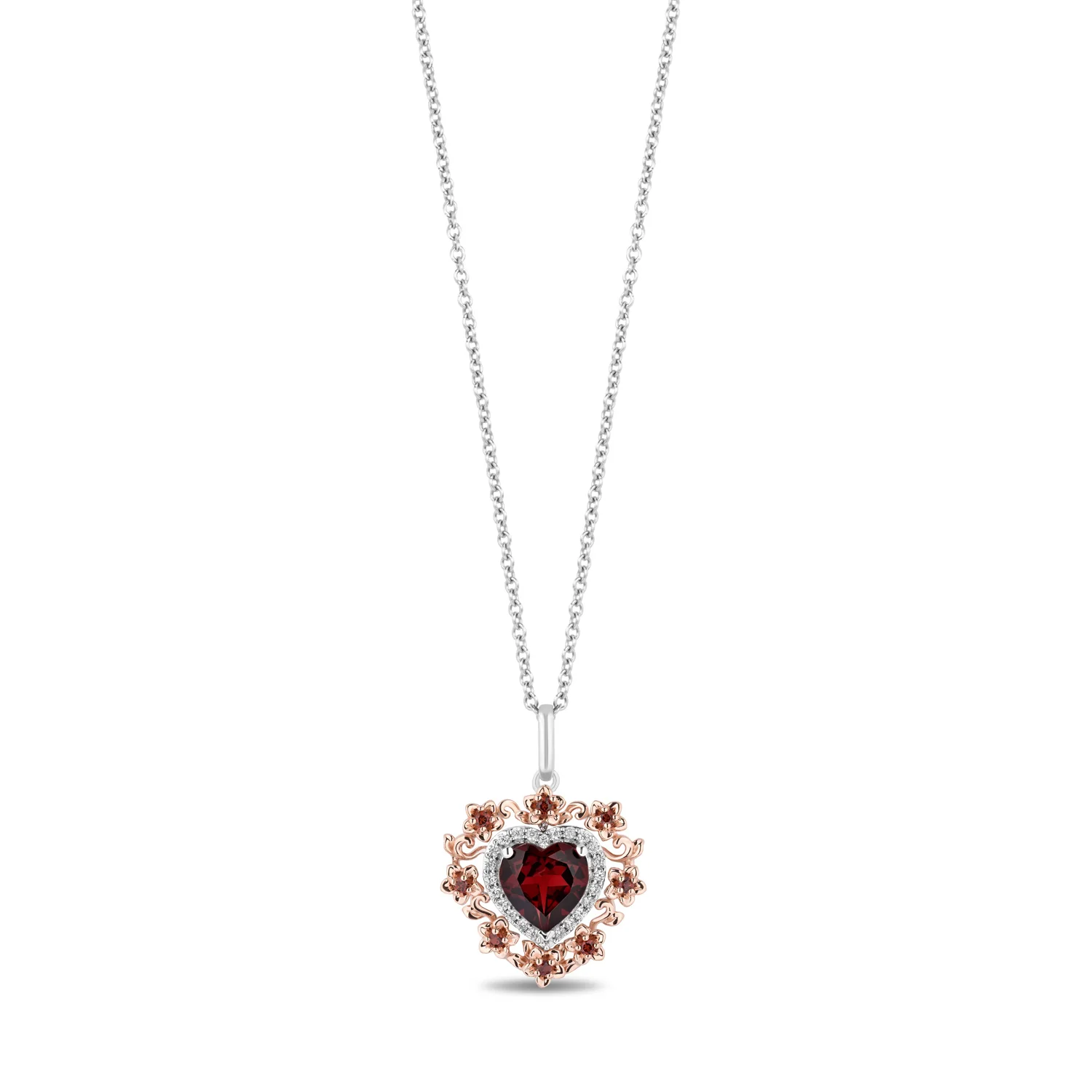 Enchanted Disney Fine Jewelry 14K Rose Gold over Sterling Silver with 1/10 CTTW Diamonds and Red Garnet, Disney's Snow White Pendant Necklace