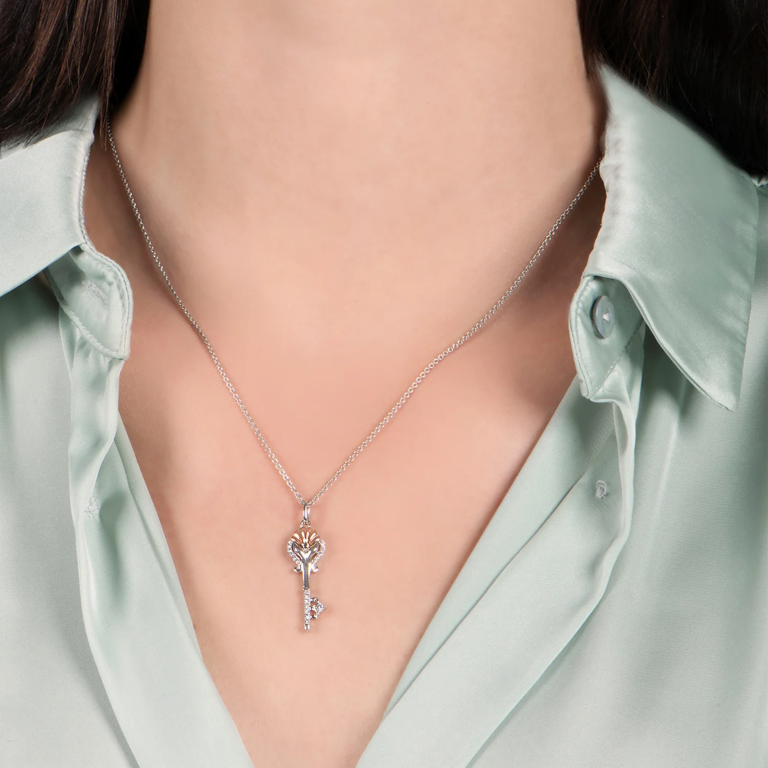 Enchanted Disney Fine Jewelry 14K Rose Gold Over Sterling Silver with 1/10 CTTW Diamond Ariel Shell Key Pendant Necklace - Image 2