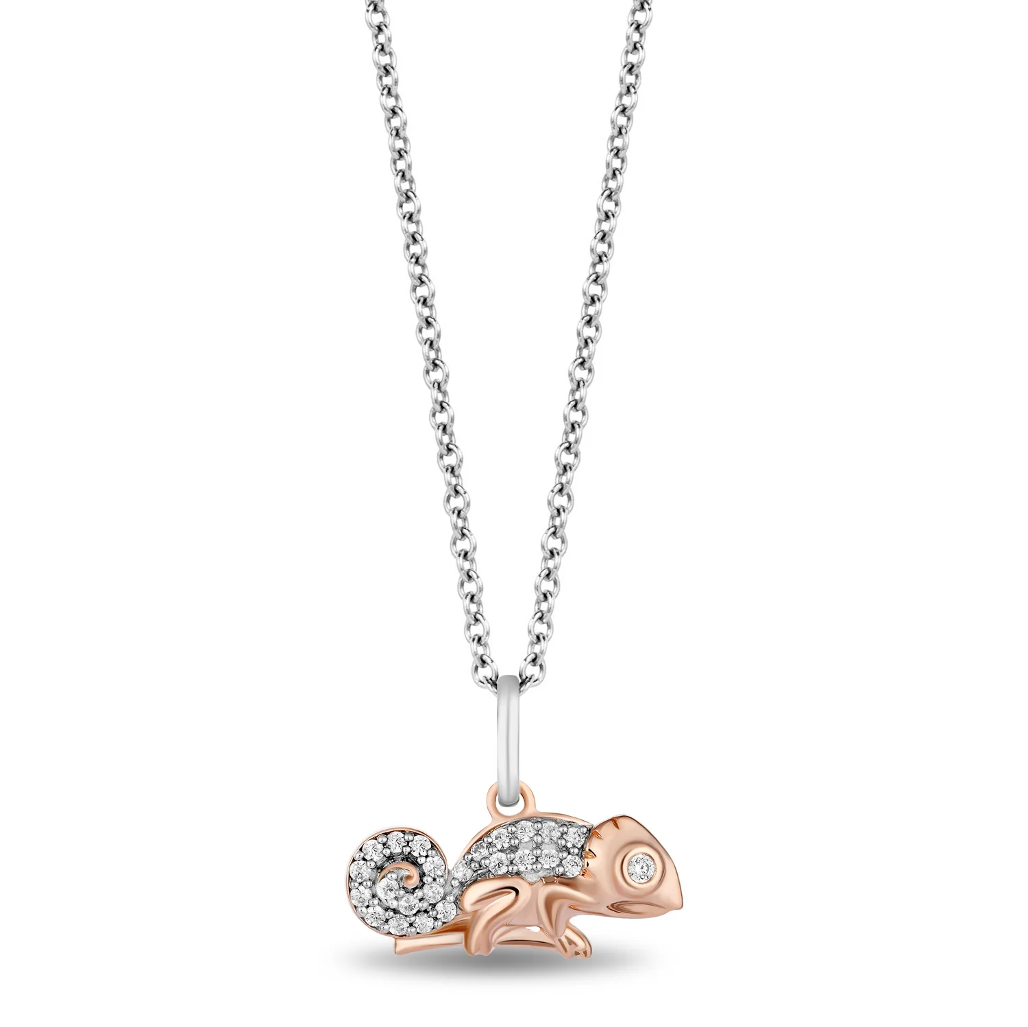 Enchanted Disney Fine Jewelry 14K Rose Gold Over Sterling Silver with 1/10 CTTW Diamond Rapunzel Pascal Pendant Necklace