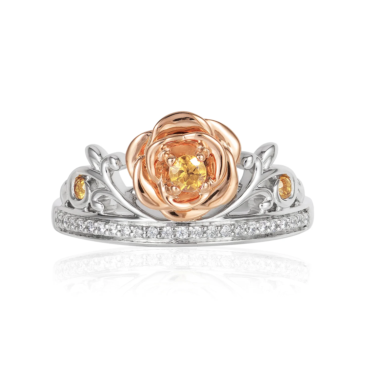 Enchanted Disney Fine Jewelry 14K Rose Gold Over Sterling Silver with 1/10 CTTW Diamond with Yellow Citrine Belle Rose Ring - Image 3