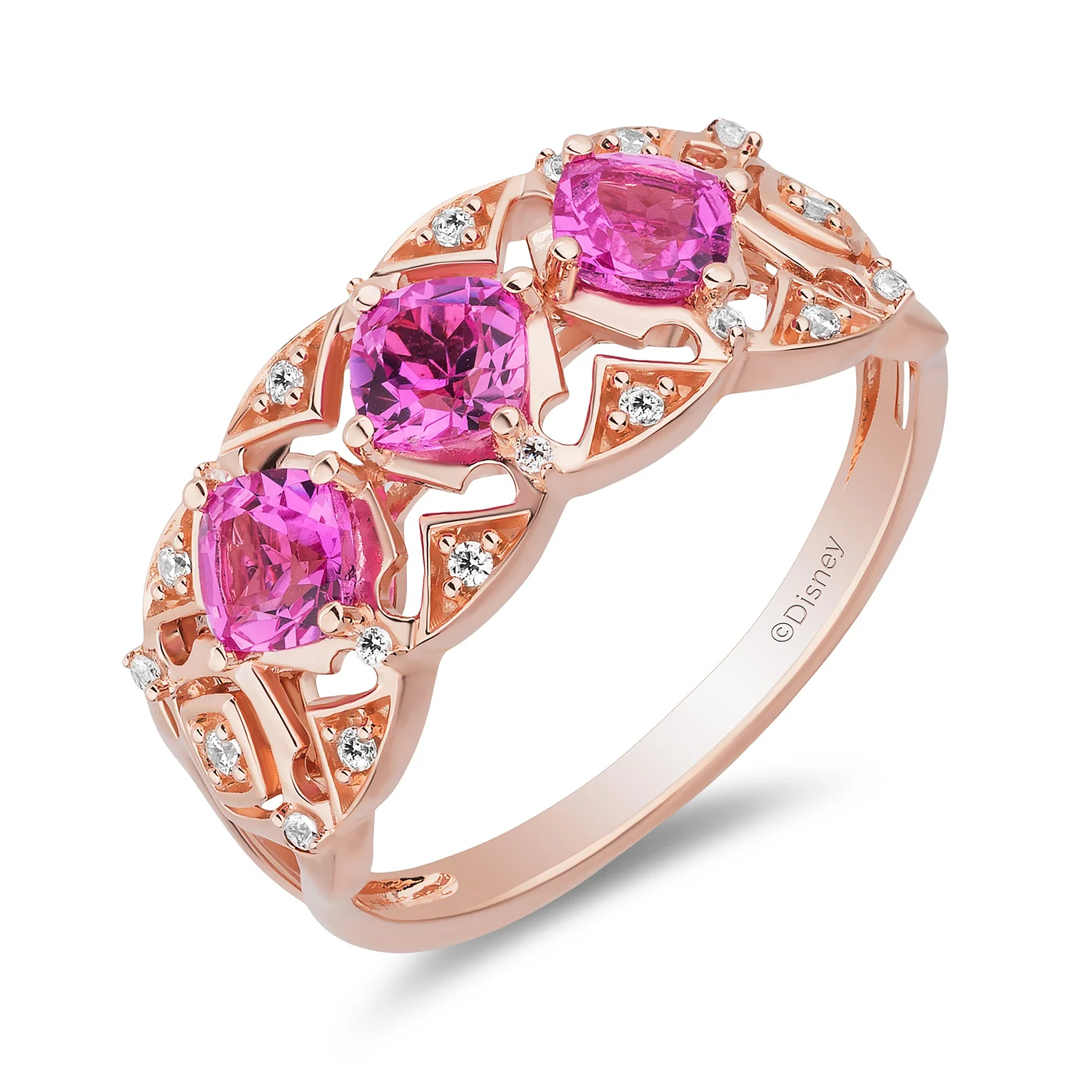 Enchanted Disney Fine Jewelry 14K Rose Gold over Sterling Silver with 1/10 CTTW Diamonds and Created Pink Sapphire Aurora Ring
