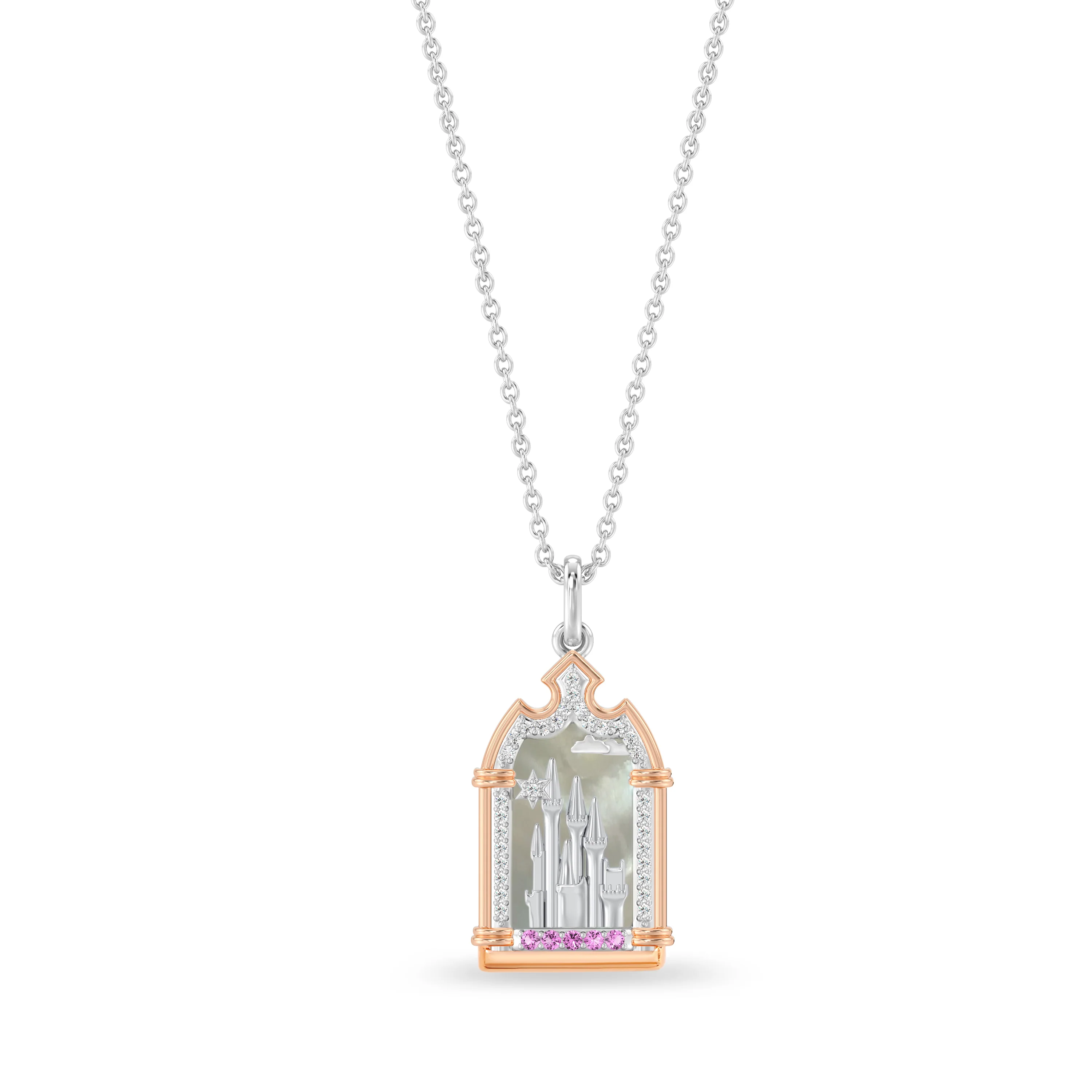 Enchanted Disney Fine Jewelry 14K Rose Gold Over Sterling Silver with 1/10 CTTW Diamonds, Special Cut Mother Of Pearl and Pink Tourmaline Aurora Necklace