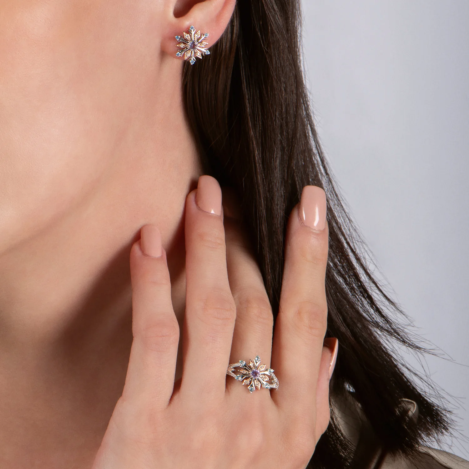 Enchanted Disney Fine Jewelry 14K Rose Gold over Sterling Silver with 1/20 CTTW Diamond with Swiss Blue Topaz and Rose-De-France Elsa Snow Flake Earrings - Image 3