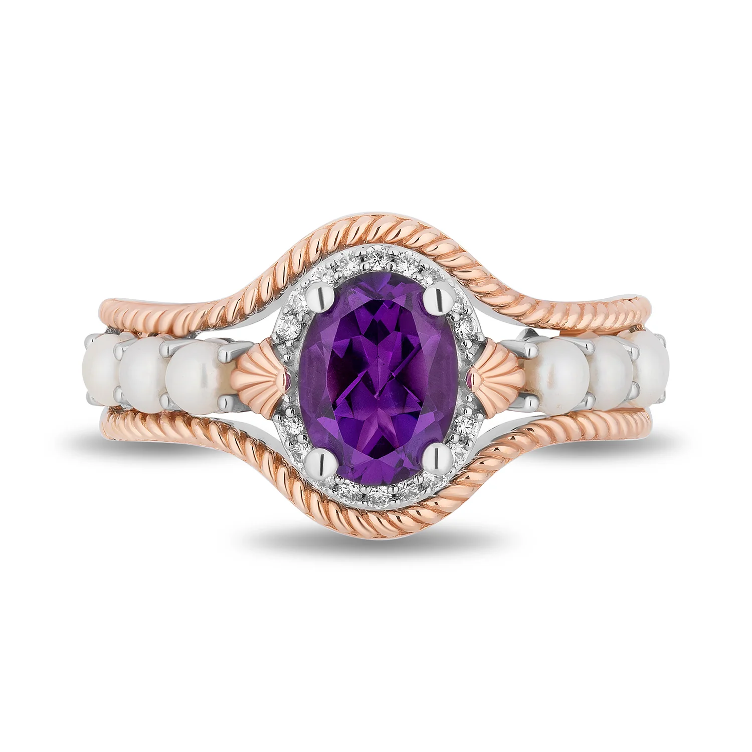 Enchanted Disney Fine Jewelry 14K Rose Gold Over Sterling Silver with 1/20 CTTW Diamonds, Amethyst and Fresh Water Pearl, Disney's Ariel Ring - Image 2
