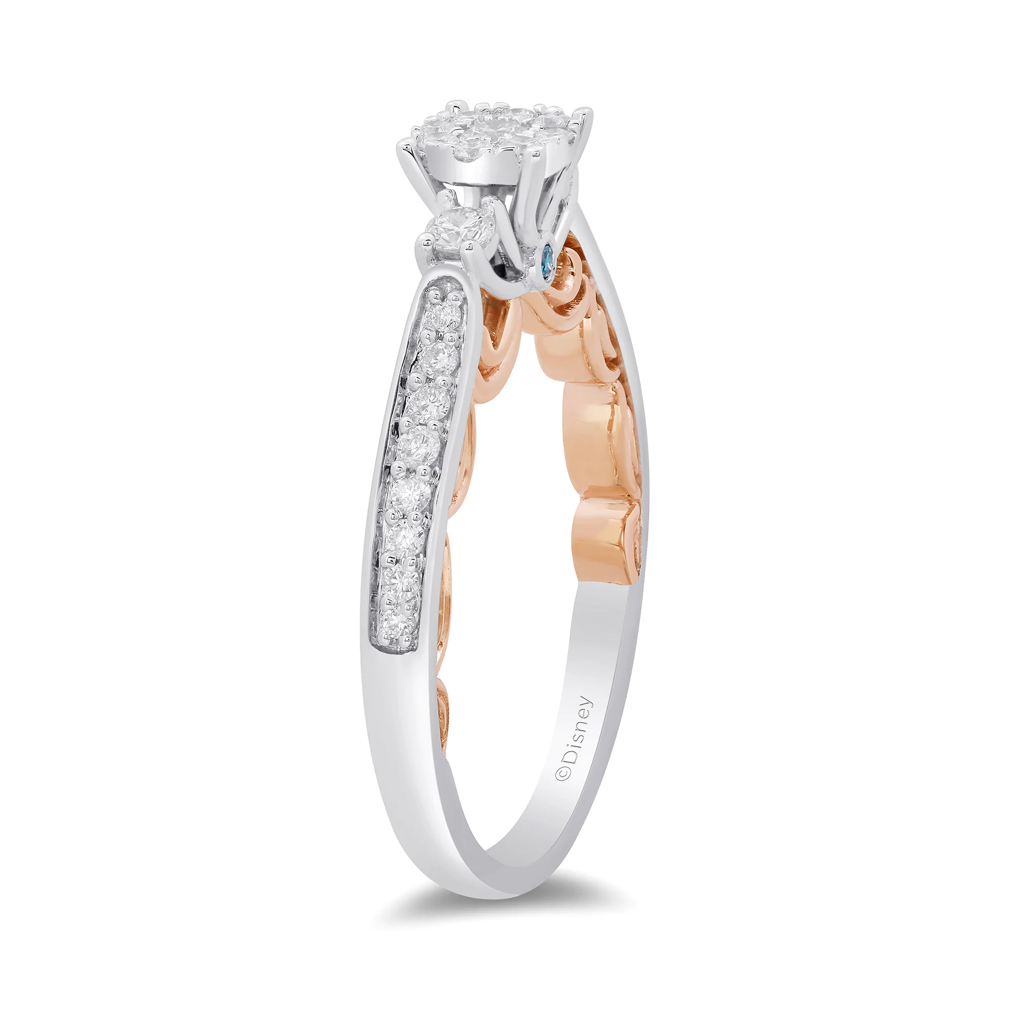 Enchanted Disney Fine Jewelry 14K White Gold and Rose Gold 1/2 CTTW Blue & White Diamond Belle Engagement Ring - Image 5