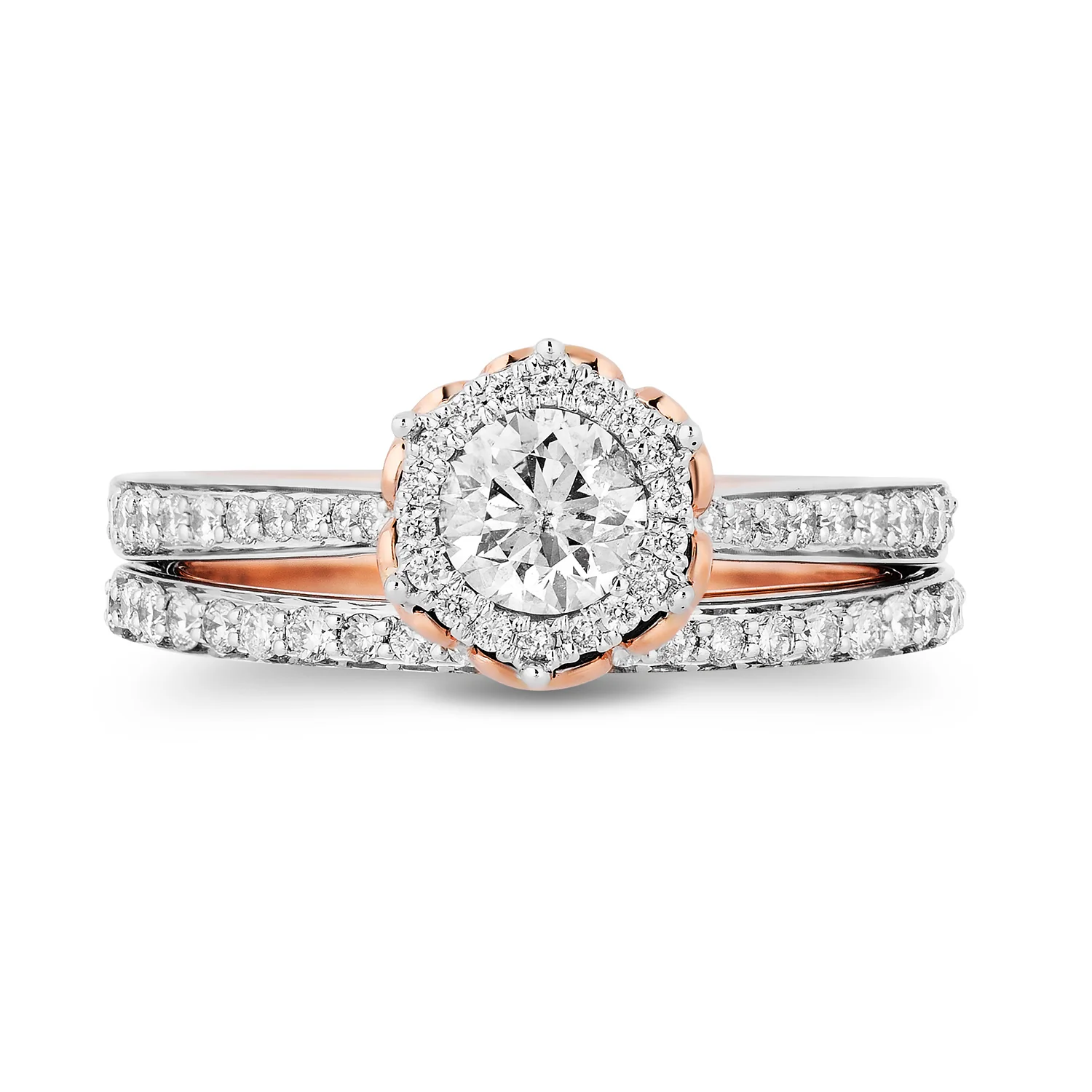 Enchanted Disney Fine Jewelry 14K White Gold and Rose Gold with 1 CTTW Belle Rose Bridal Set - Image 3