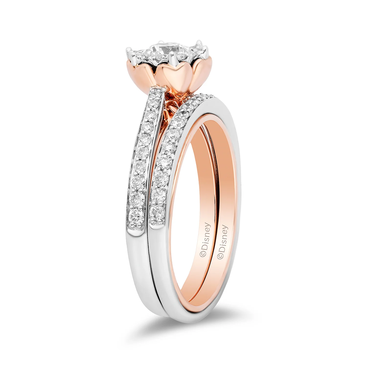 Enchanted Disney Fine Jewelry 14K White Gold and Rose Gold with 1 CTTW Belle Rose Bridal Set - Image 5