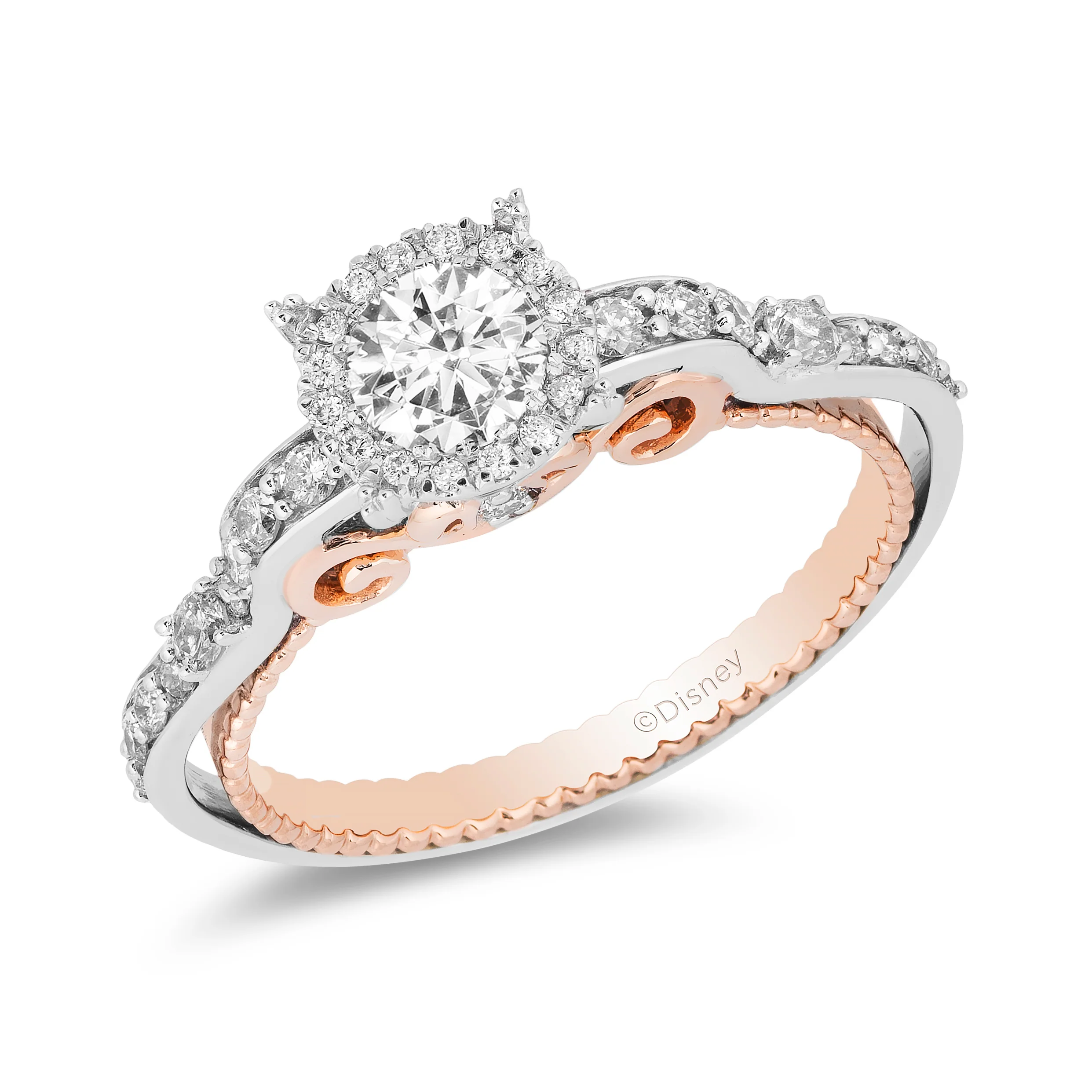 Enchanted Disney Fine Jewelry 14K White Gold and Rose Gold with 1 1/10 CTTW Cinderella Bridal Set - Image 4