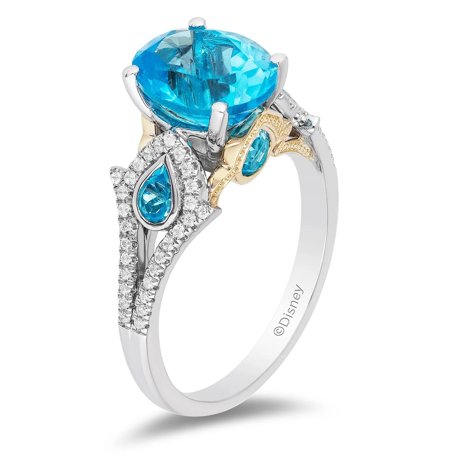 Enchanted Disney Fine Jewelry 14K White Gold and Yellow Gold with 1/5 CTTW Diamonds and Swiss Blue Topaz Jasmine Ring - Image 5