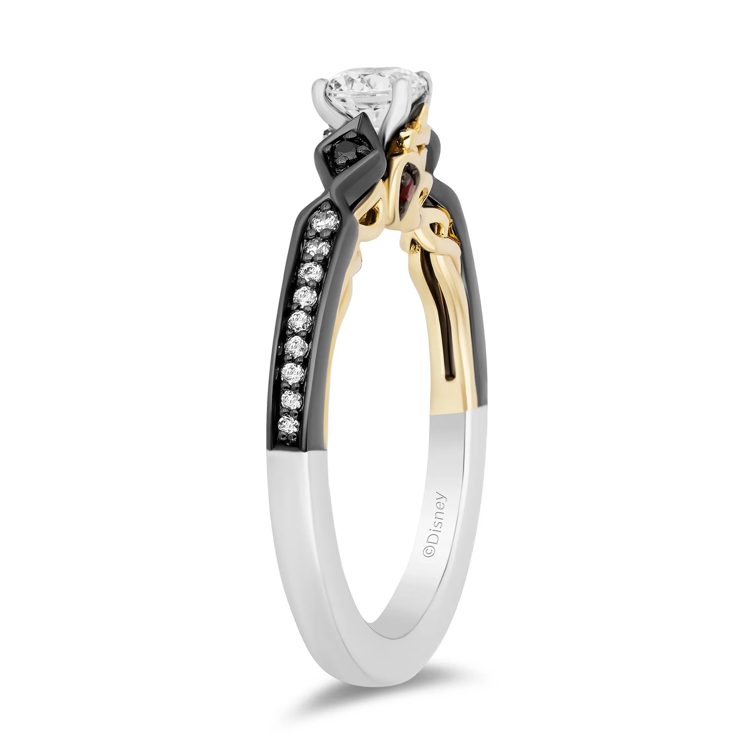 Enchanted Disney Fine Jewelry 14K White Gold and Yellow Gold with Black Rhodium Evil Queen Engagement Ring with 1/2 CT Round Center and 5/8 CTTW Diamonds and Garnet Peek-a-boo Surprise - Image 4