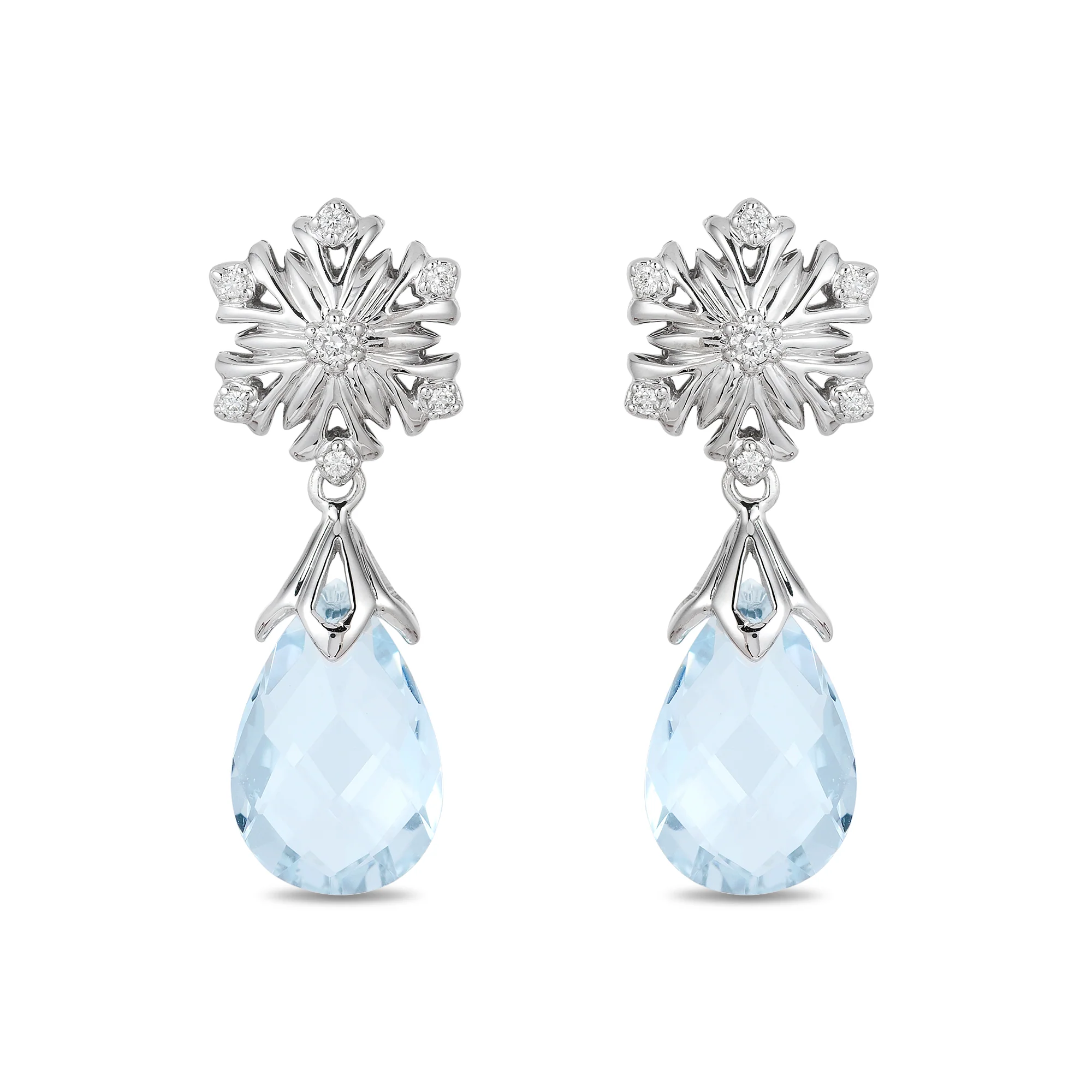 Enchanted Disney Fine Jewelry 14K White Gold With 1/10 CTTW Diamond and Aquamarine Elsa Snow Flake Earrings - Image 3