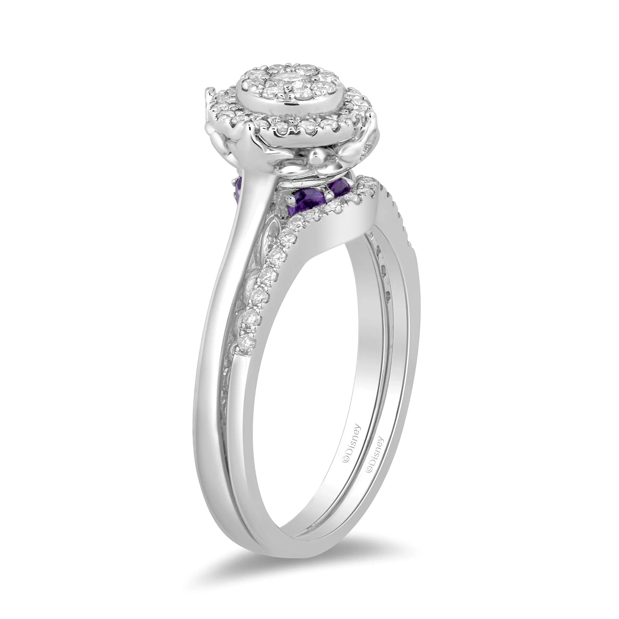 Enchanted Disney Fine Jewelry 14K White Gold with 1/3 CTTW Diamond and Amethyst Ariel Bridal Set - Image 4