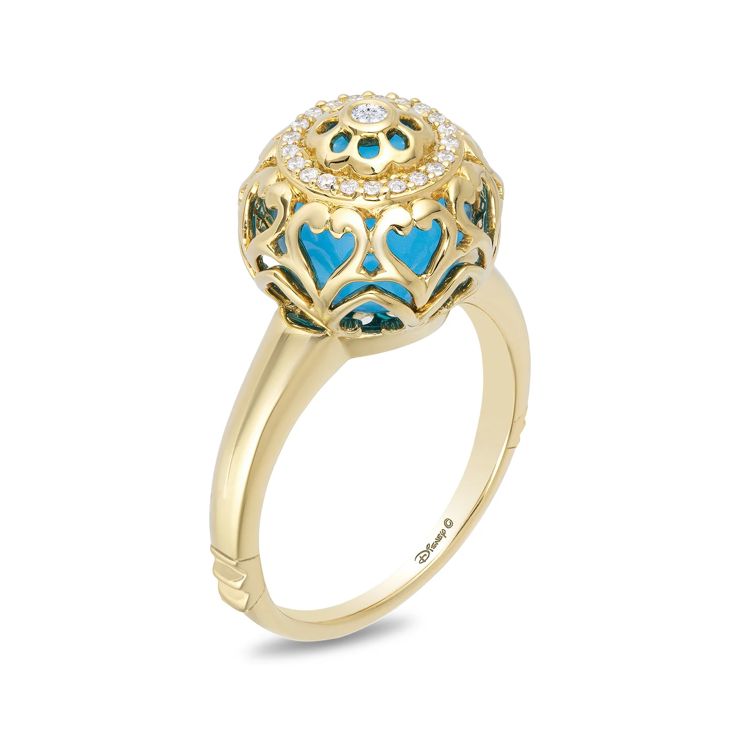 Enchanted Disney Fine Jewelry 14K Yellow Gold 1/10 CTTW Diamond and Swiss Blue Topaz Jasmine Fashion Ring - Image 4