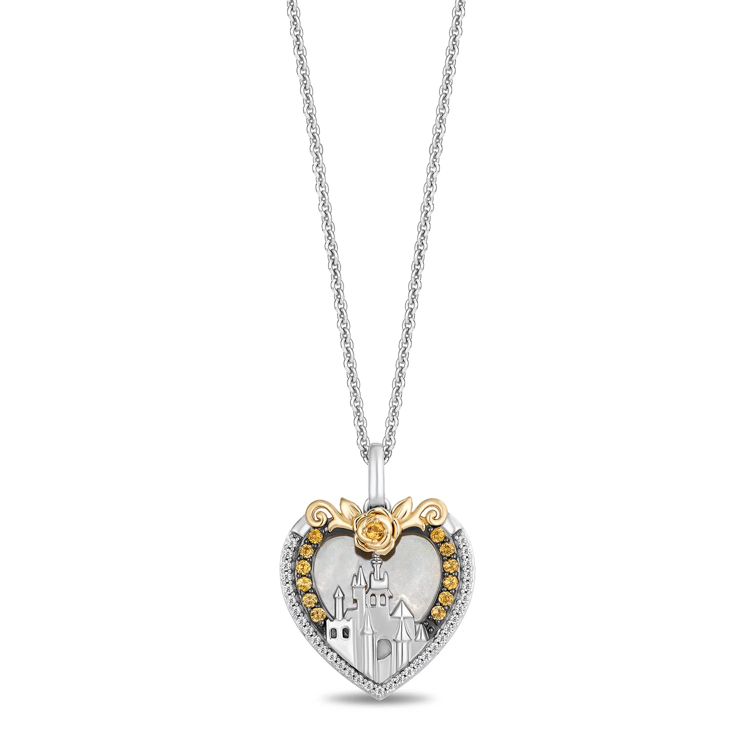 Enchanted Disney Fine Jewelry 14K Yellow Gold and Black Rhodium Over Sterling Silver with 1/10 CTTW Diamonds Belle Necklace