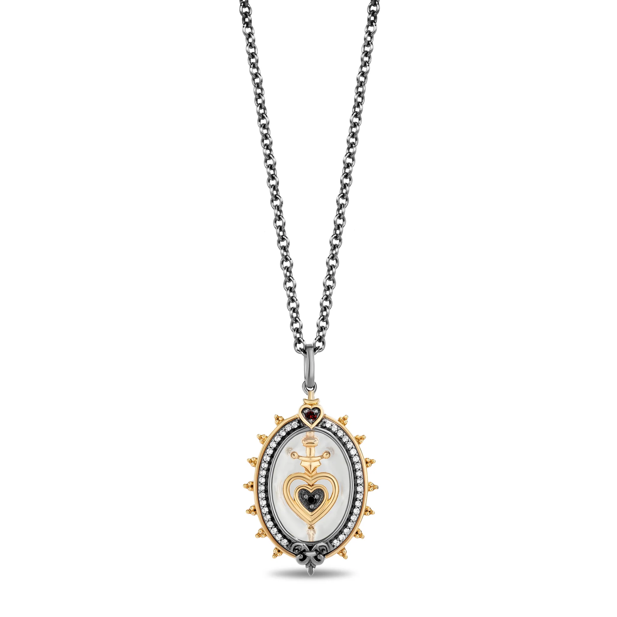 Enchanted Disney Fine Jewelry 14K Yellow Gold and Black Rhodium over Sterling Silver with 1/8 CTTW Diamonds, Black Onyx, Garnet and White Topaz Evil Queen Necklace