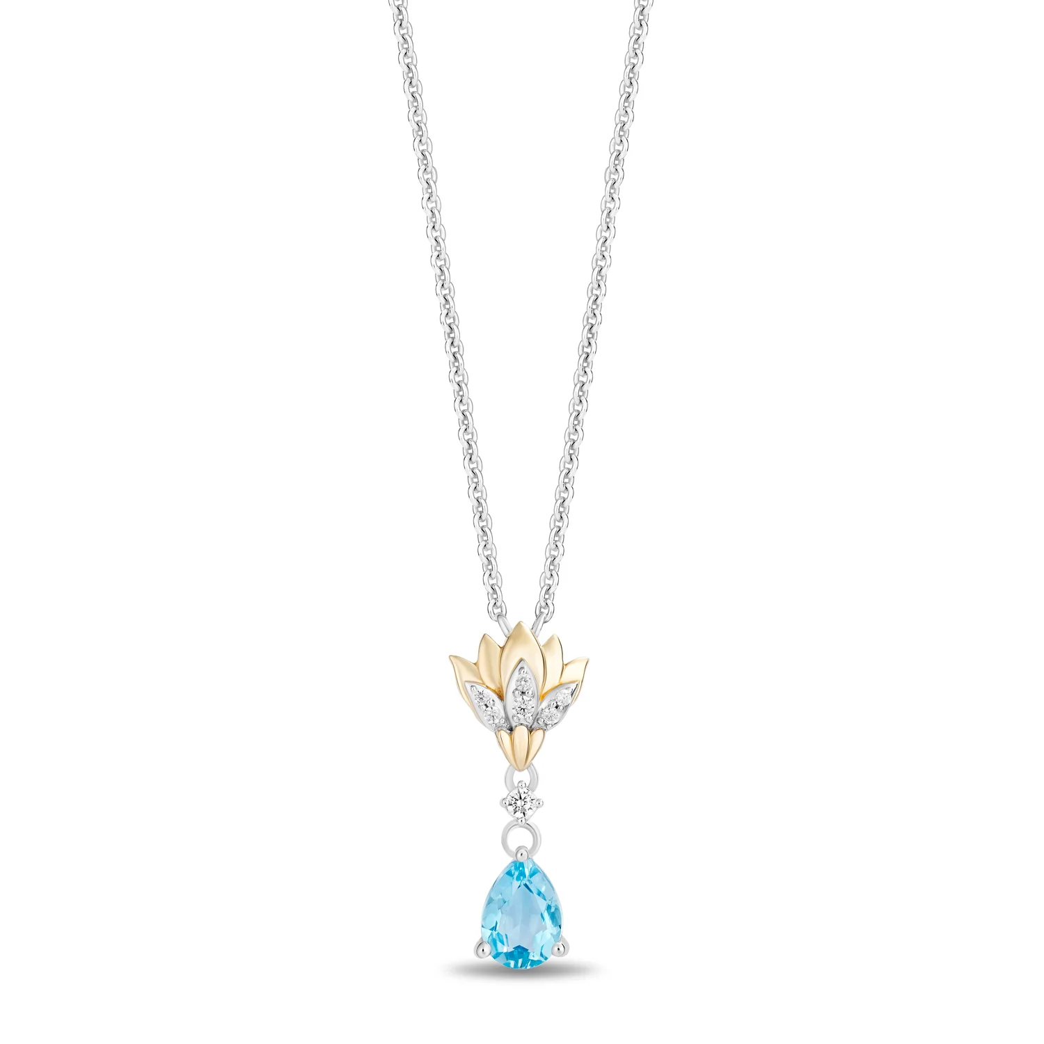 Enchanted Disney Fine Jewelry 14K Yellow Gold over Sterling Silver with 1/20 CTTW Diamonds and Sky Blue Topaz Jasmine Necklace