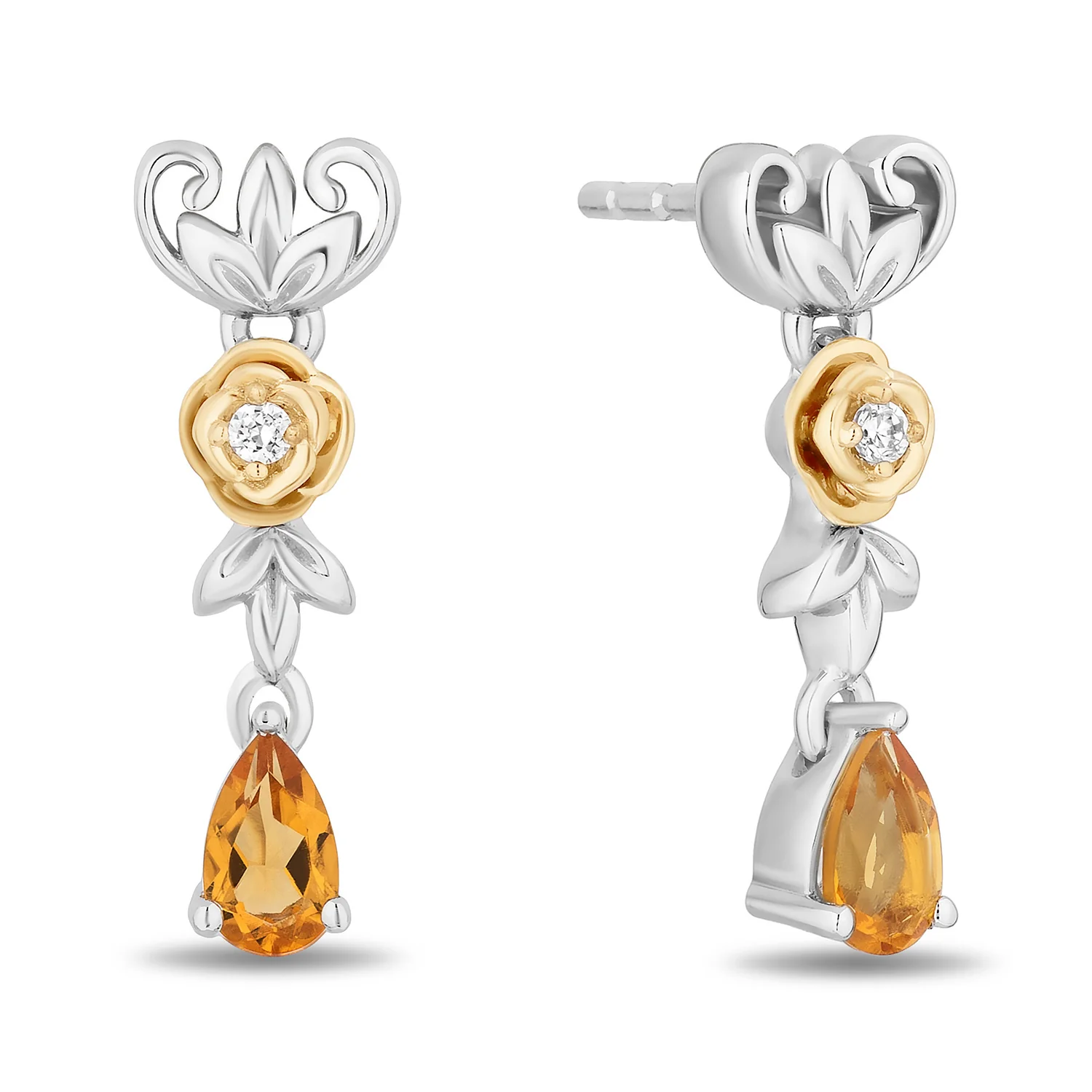 Enchanted Disney Fine Jewelry 14K Yellow Gold Over Sterling Silver with Accent Diamonds and Citrine Belle Earrings