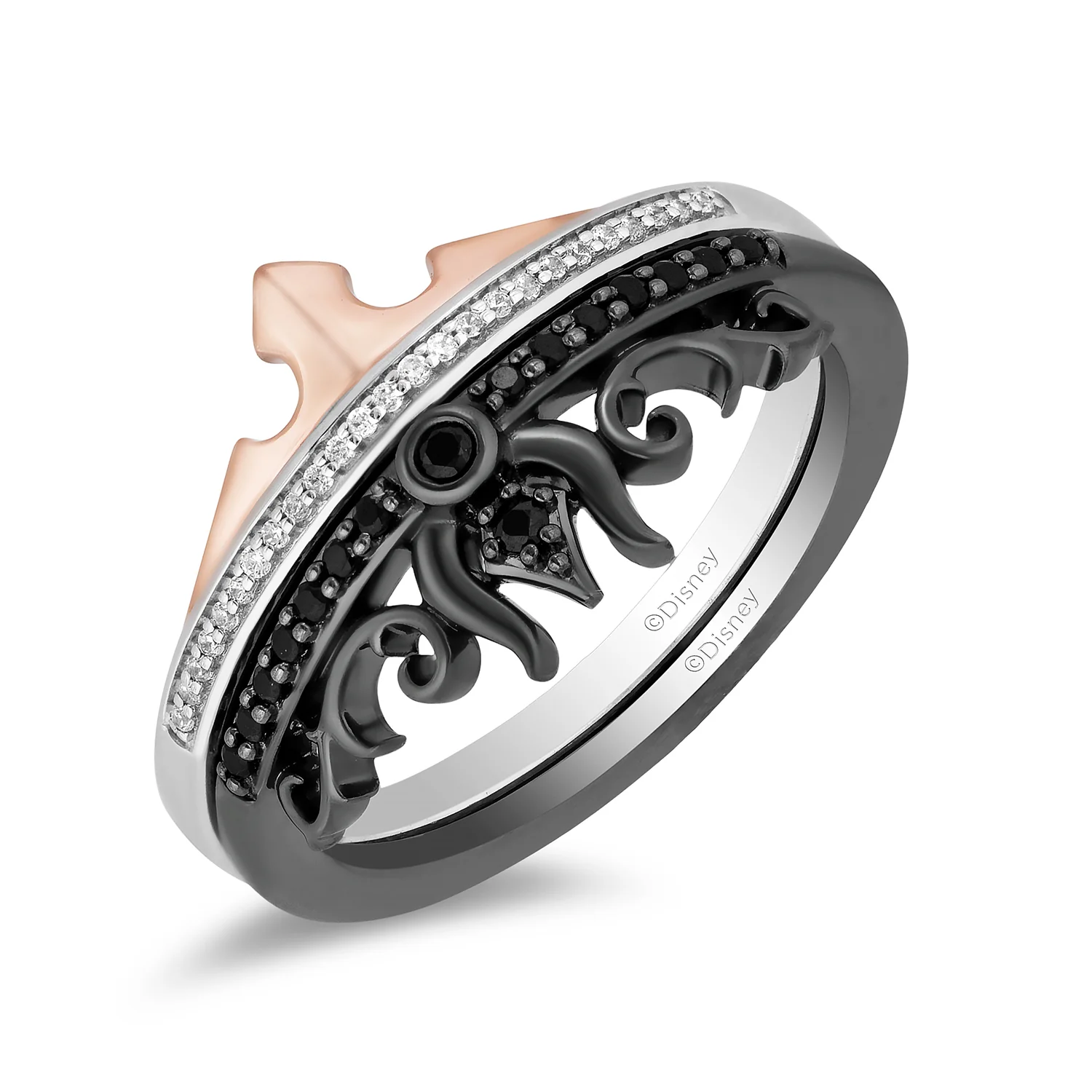 Enchanted Disney Fine Jewelry Black Rhodium and 14K Rose Gold Over Sterling Silver 1/5 CTTW Black and White Diamond Aurora and Maleficent Duo Stack Ring