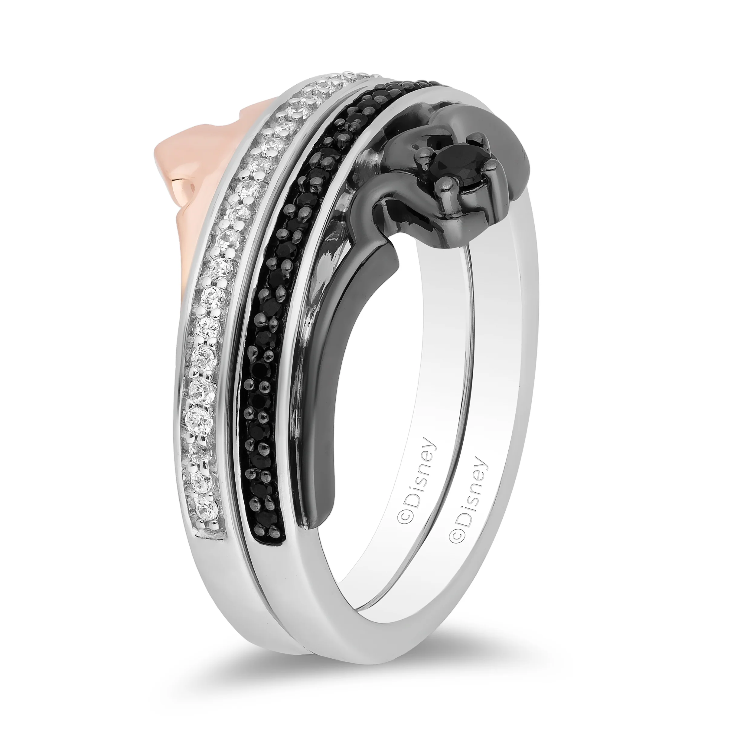 Enchanted Disney Fine Jewelry Black Rhodium and 14K Rose Gold Over Sterling Silver with 1/4 CTTW Black and White Diamond Maleficent Aurora Duo Ring - Image 3