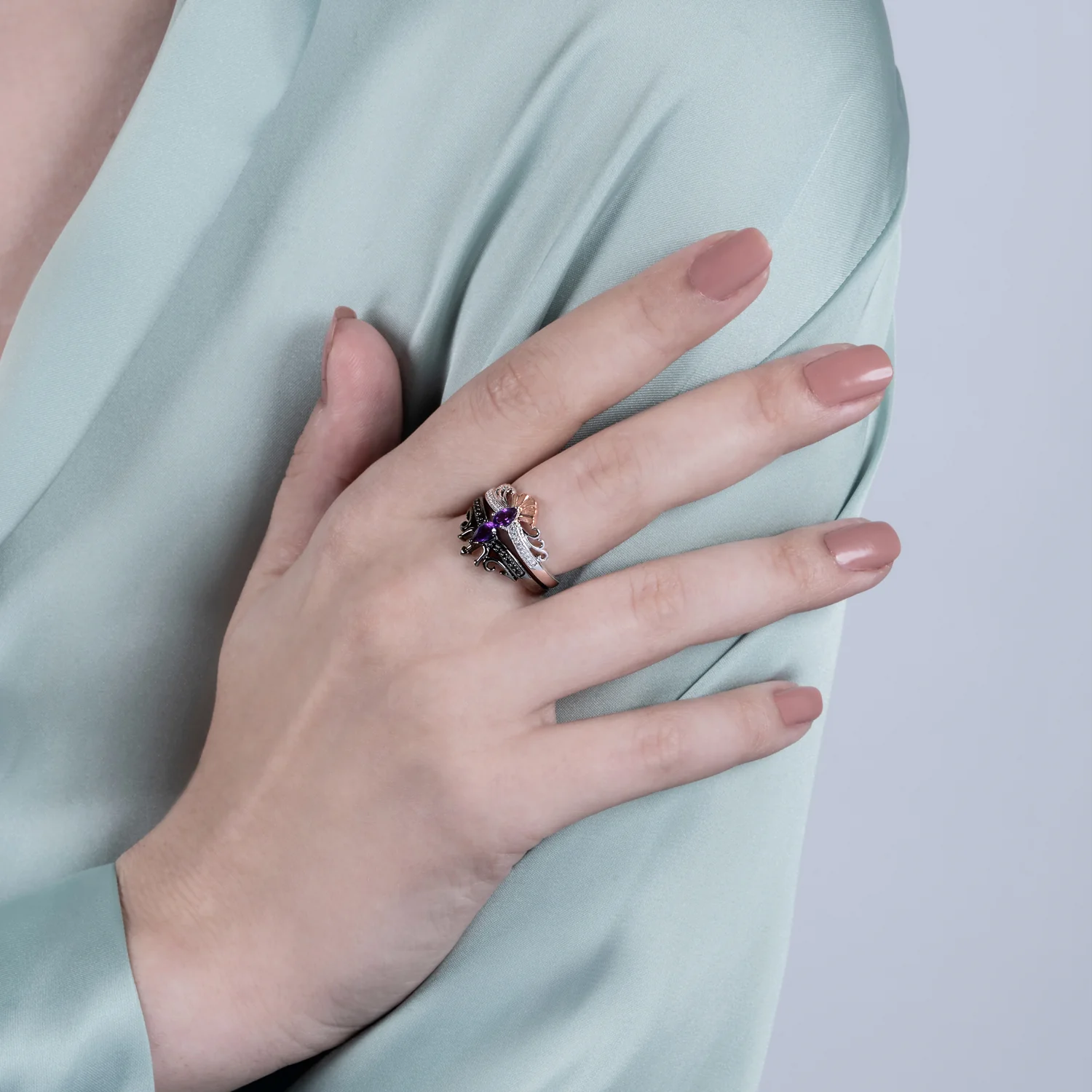 Enchanted Disney Fine Jewelry Black Rhodium and 14K Rose Gold over Sterling Silver With 1/6 CTTW Black and White Diamond and Pear Amethyst Ariel and Ursula Villains Duo Stack Ring - Image 2