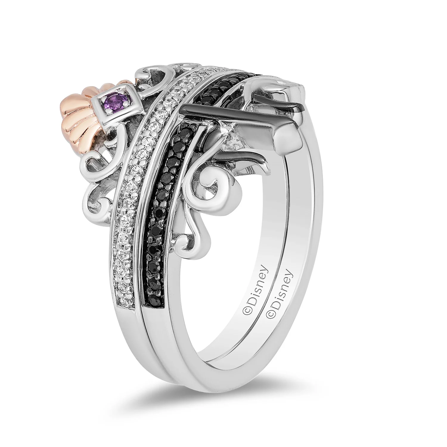 Enchanted Disney Fine Jewelry Black Rhodium and 14K Rose Gold Over Sterling Silver with 1/5 CTTW Diamonds and Amethyst Ariel Ursula Duo Ring - Image 6