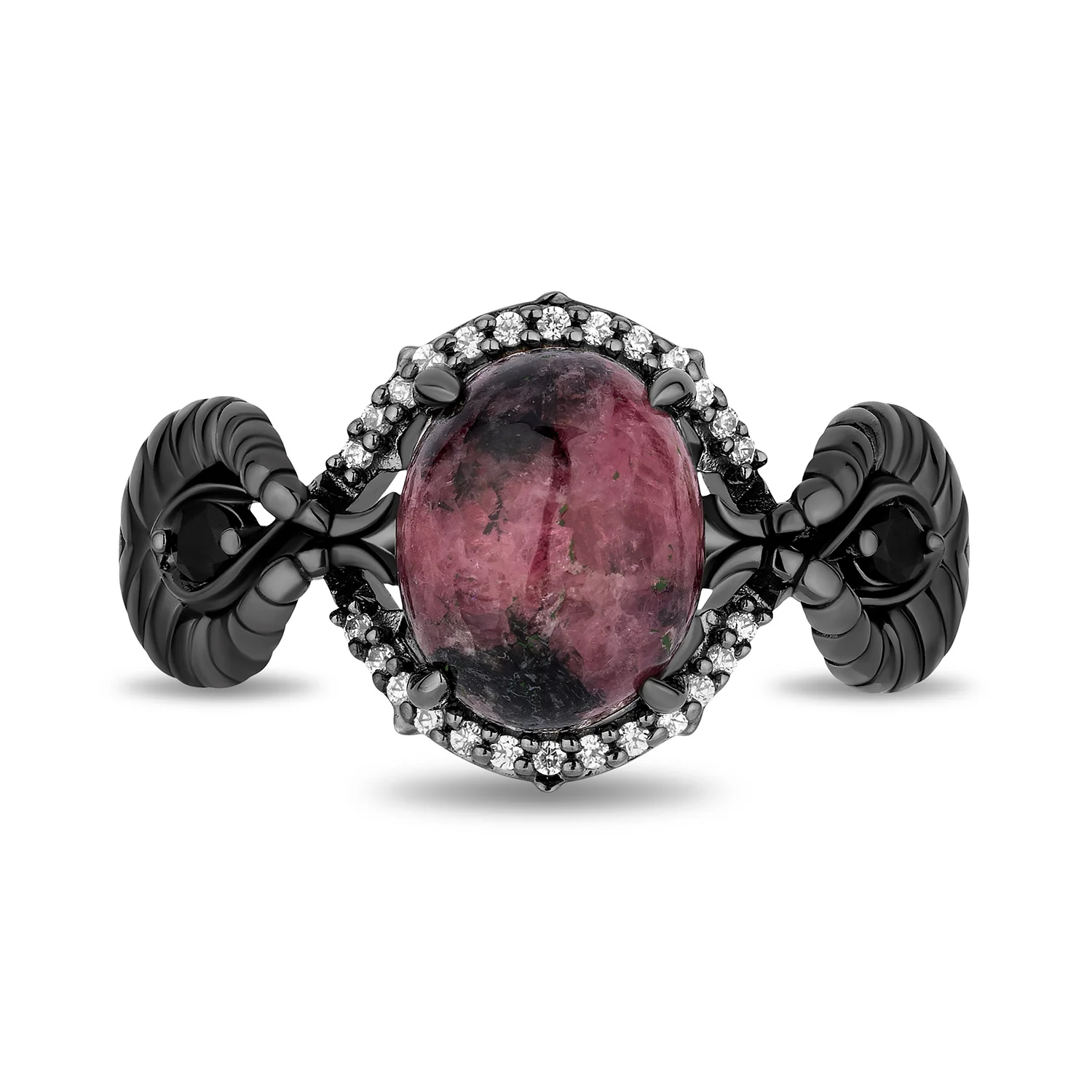 Enchanted Disney Fine Jewelry Black Rhodium Over Sterling Silver 1/10 CTTW Diamonds with Rhodonite and Black Onyx Maleficent Ring - Image 2