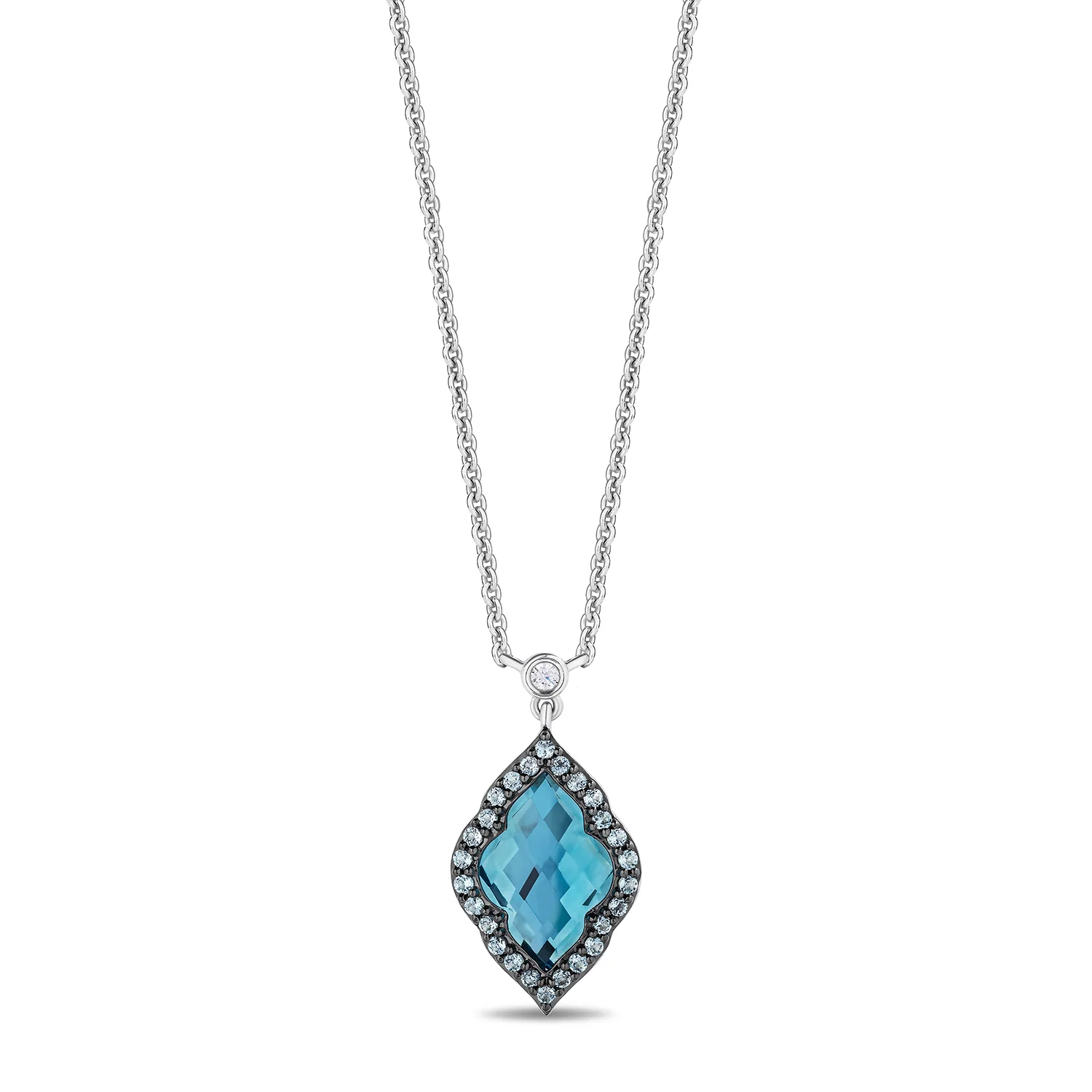 Enchanted Disney Fine Jewelry Black Rhodium Over Sterling Silver 1/3 CTTW Diamond and Special Cut Swiss Blue Topaz Jasmine Necklace