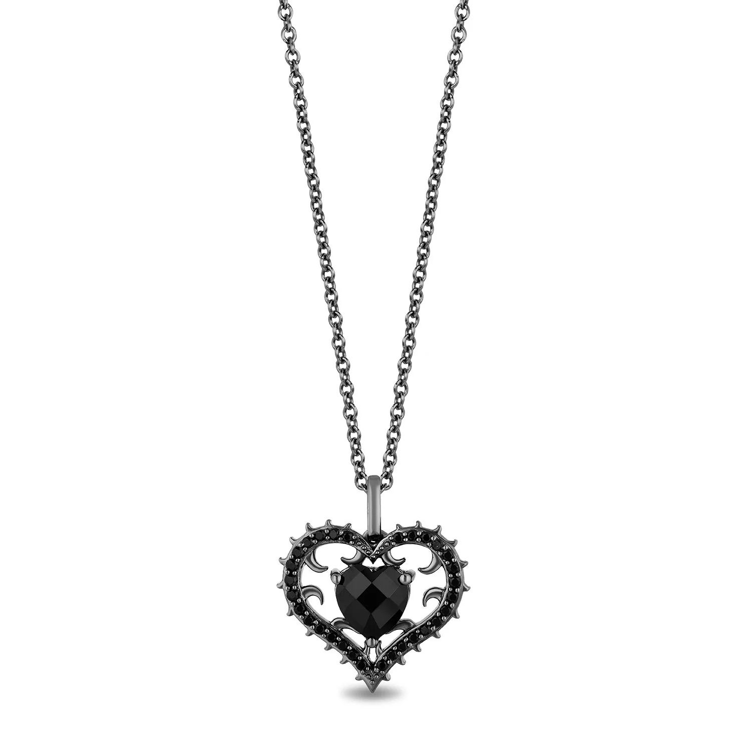 Enchanted Disney Fine Jewelry Black Rhodium Over Sterling Silver 1/4 CTTW Black Diamond and Black Onyx Maleficent Heart Pendant Necklace