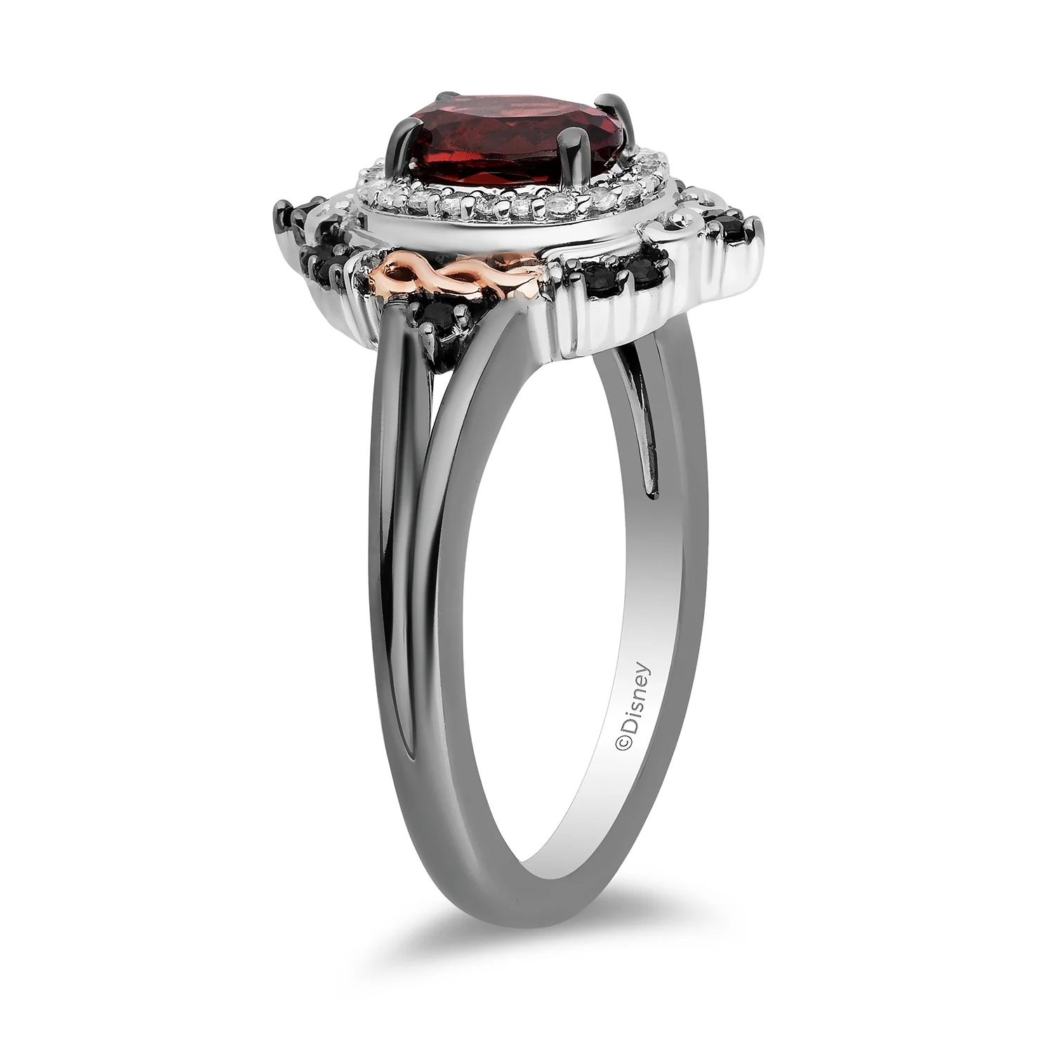 Enchanted Disney Fine Jewelry Black Rhodium over Sterling Silver and 10K Rose Gold 1/5 CTTW Black and White Diamond with Red Garnet Evil Queen Ring - Image 4