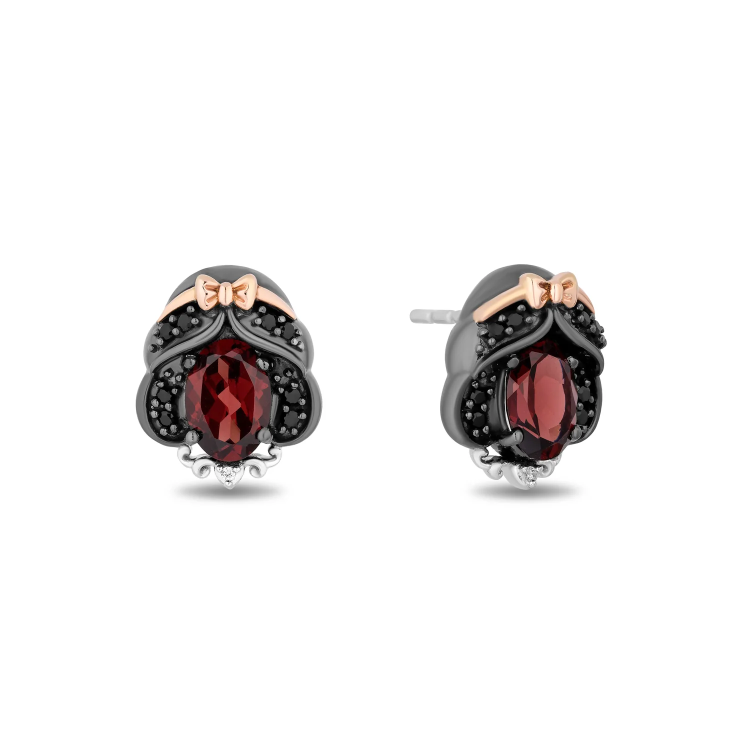 Enchanted Disney Fine Jewelry Black Rhodium Over Sterling Silver and 10K Rose Gold 1/7 CTTW White Diamond and Black diamond with Red Garnet Snow White Stud Earrings