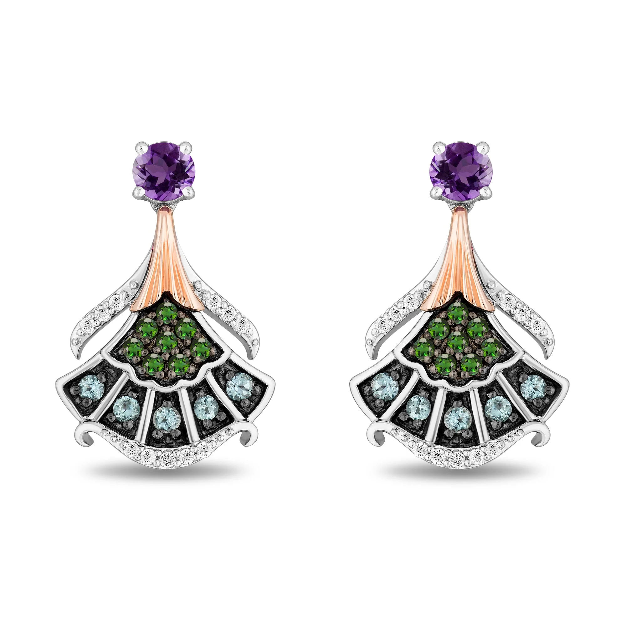 Enchanted Disney Fine Jewelry The Little Mermaid Black Rhodium over Sterling Silver and 10K Rose Gold with 1/10 CTTW Diamond and Amethyst with Green Tourmaline and Swiss Blue Topaz Ariel Earrings - Image 2