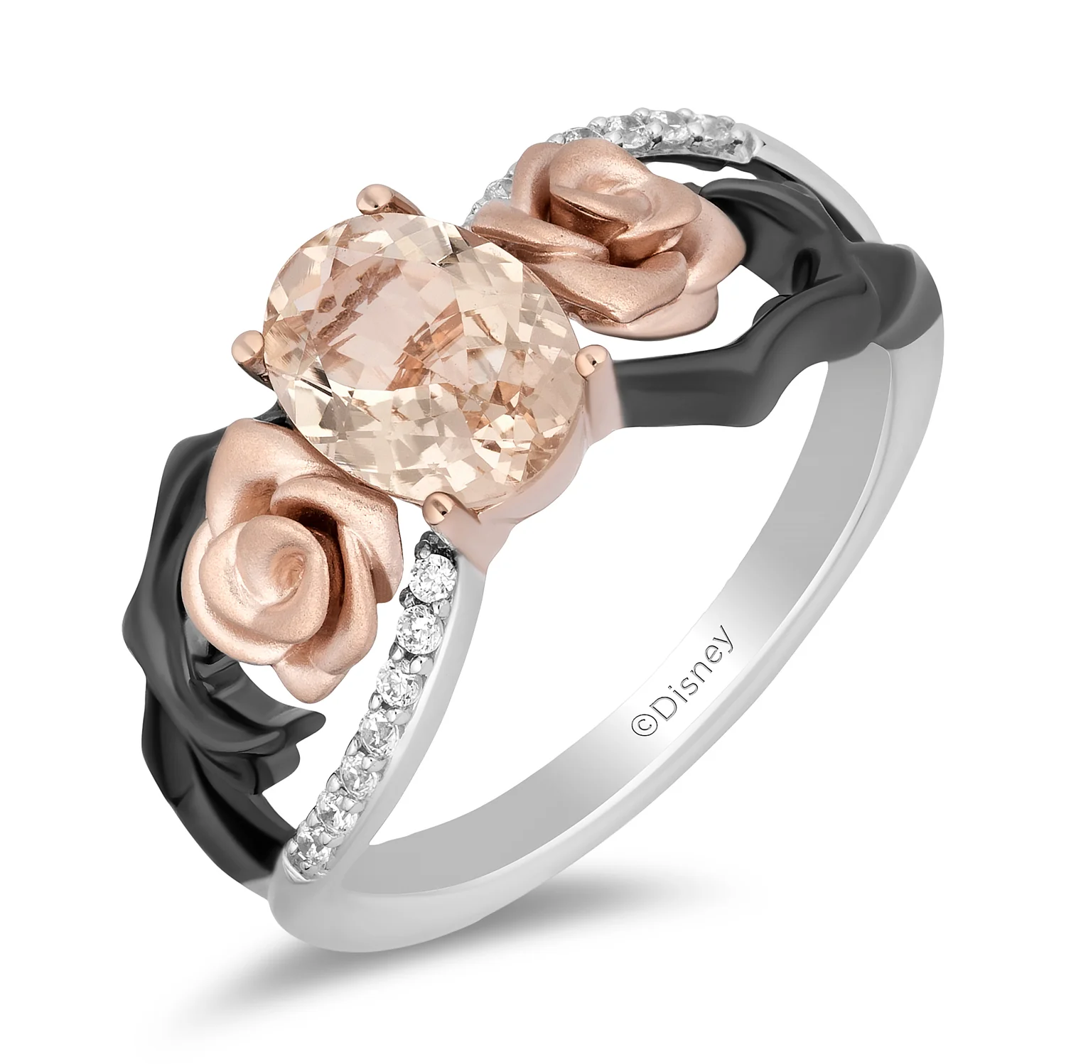 Enchanted Disney Fine Jewelry Black Rhodium over Sterling Silver and 10K Rose Gold with 1/10 CTTW Diamond and Morganite Aurora Ring