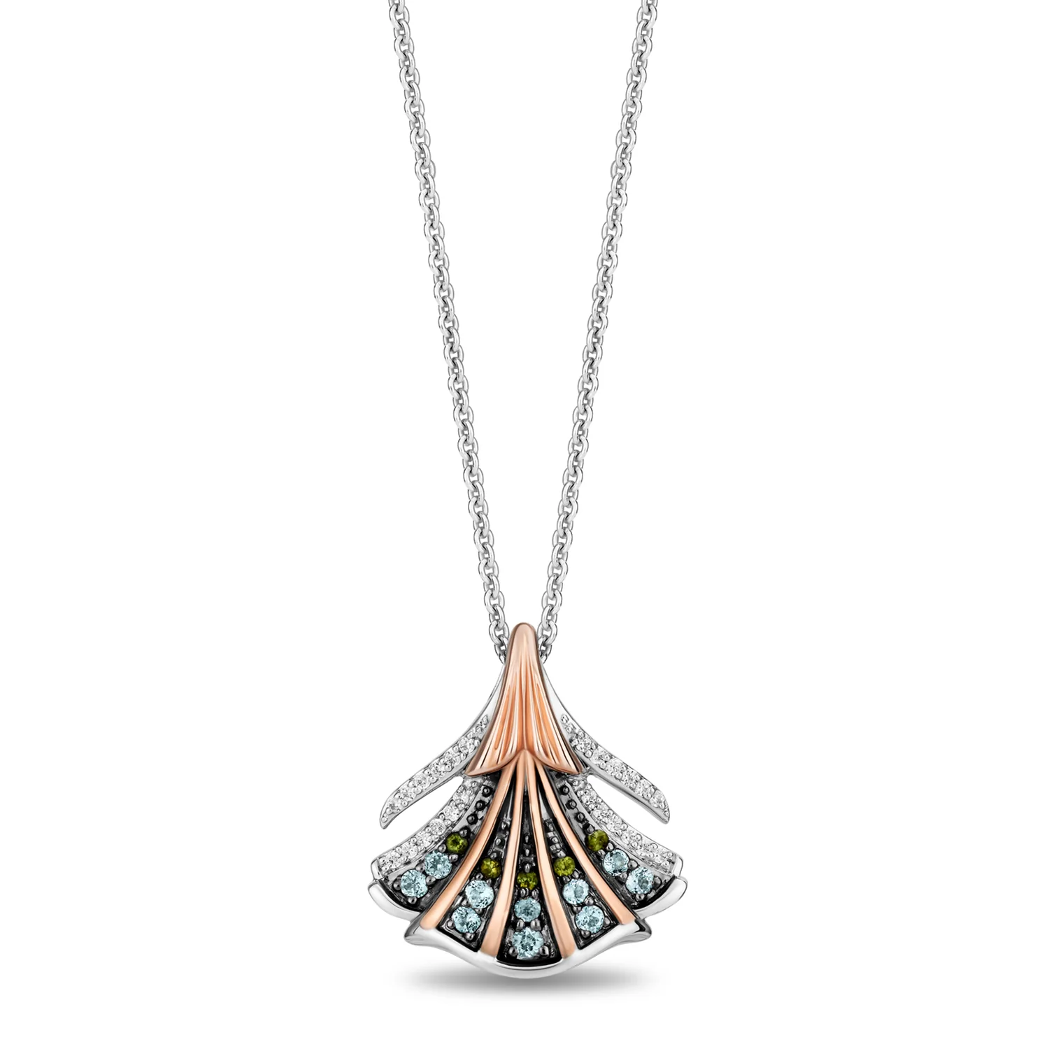 Enchanted Disney Fine Jewelry The Little Mermaid Black Rhodium over Sterling Silver and 10K Rose Gold with 1/10 CTTW Diamond and Swiss Blue Topaz with Green Tourmaline Ariel Pendant Necklace