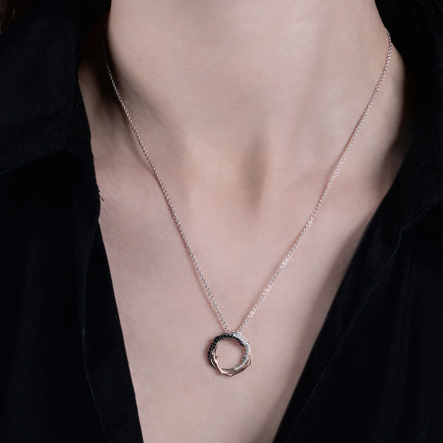 Enchanted Disney Fine Jewelry Black Rhodium Over Sterling Silver and 10K Rose Gold with 1/6 CTTW Black and White Diamond Maleficent Pendant Necklace - Image 2