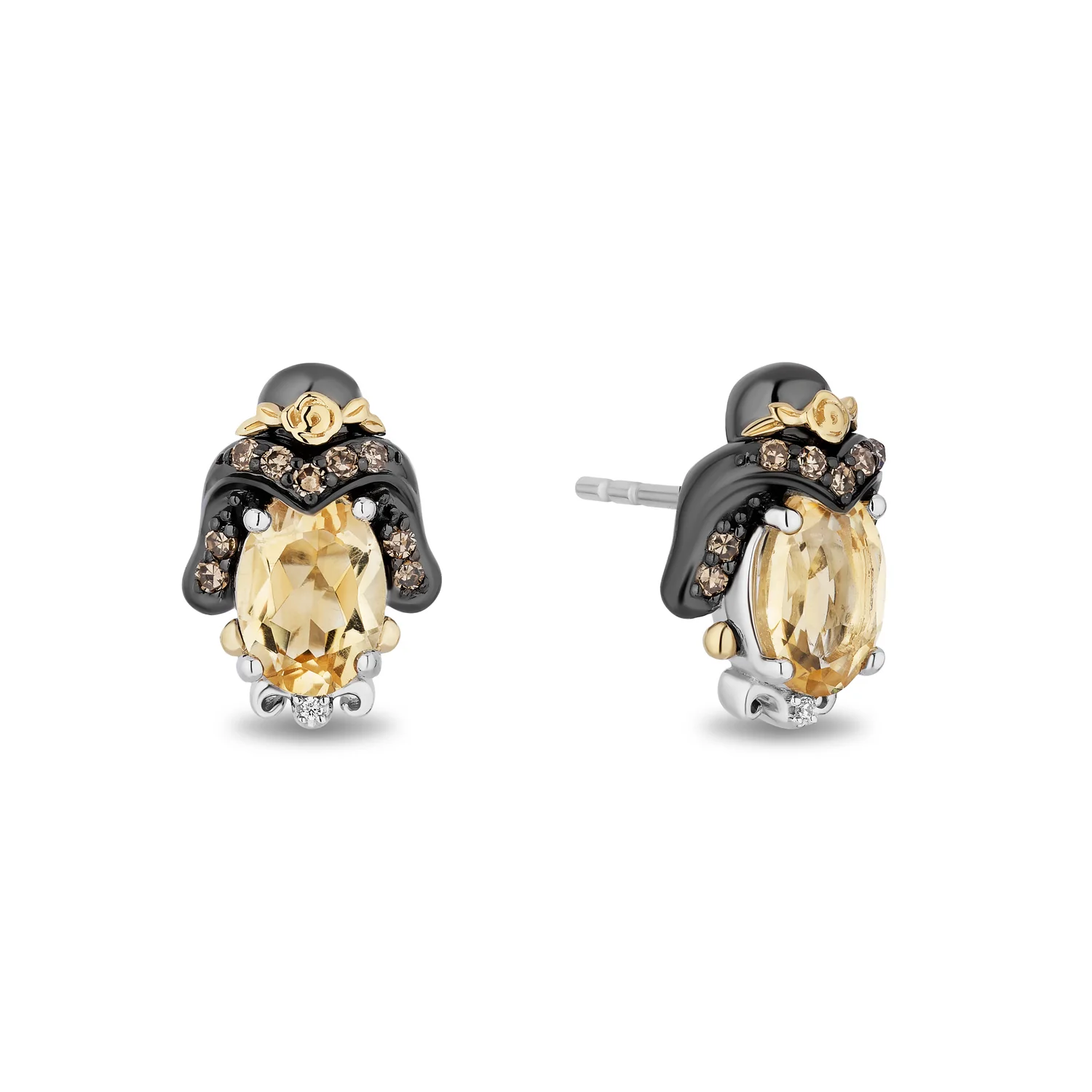 Enchanted Disney Fine Jewelry Black Rhodium Over Sterling Silver and 10K Yellow Gold 1/7 CTTW White Diamond and Champagne Diamond with Citrine Belle Stud Earrings