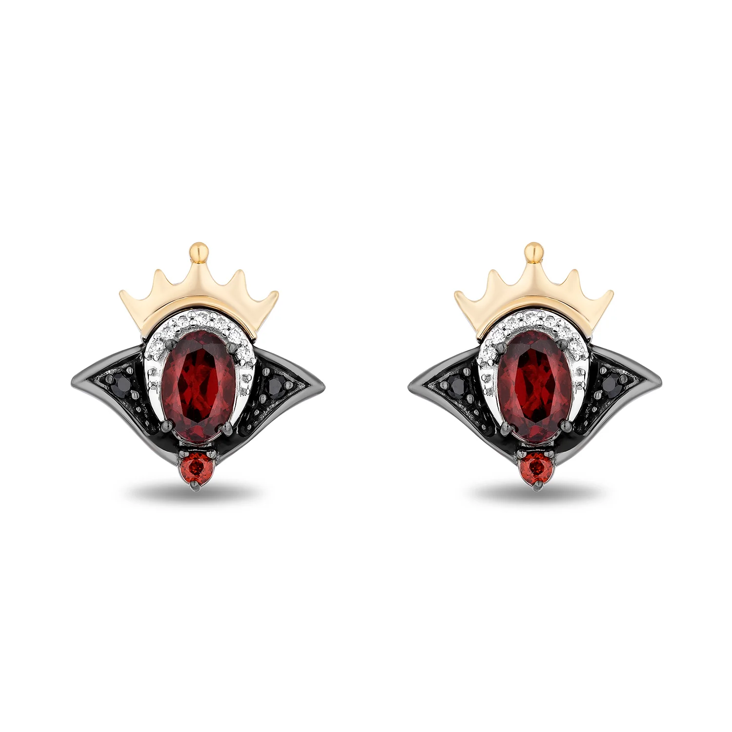 Enchanted Disney Fine Jewelry Black Rhodium Over Sterling Silver and 10K Yellow Gold with 1/10 CTTW Diamonds and Garnet Evil Queen Stud Earrings - Image 2