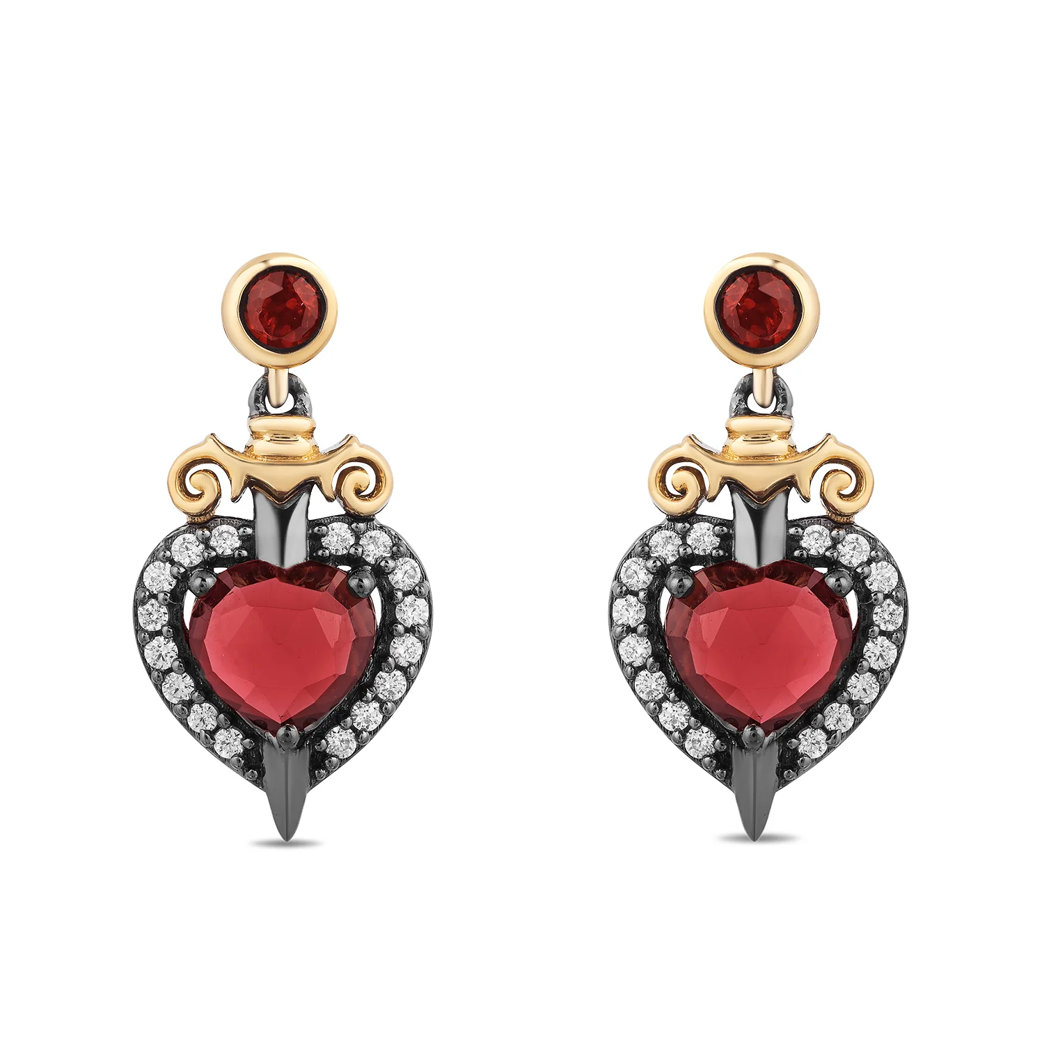Enchanted Disney Fine Jewelry Black Rhodium Over Sterling Silver and 10K Yellow Gold with 1/8 CTTW Diamond and Red Garnet Evil Queen Earrings - Image 3