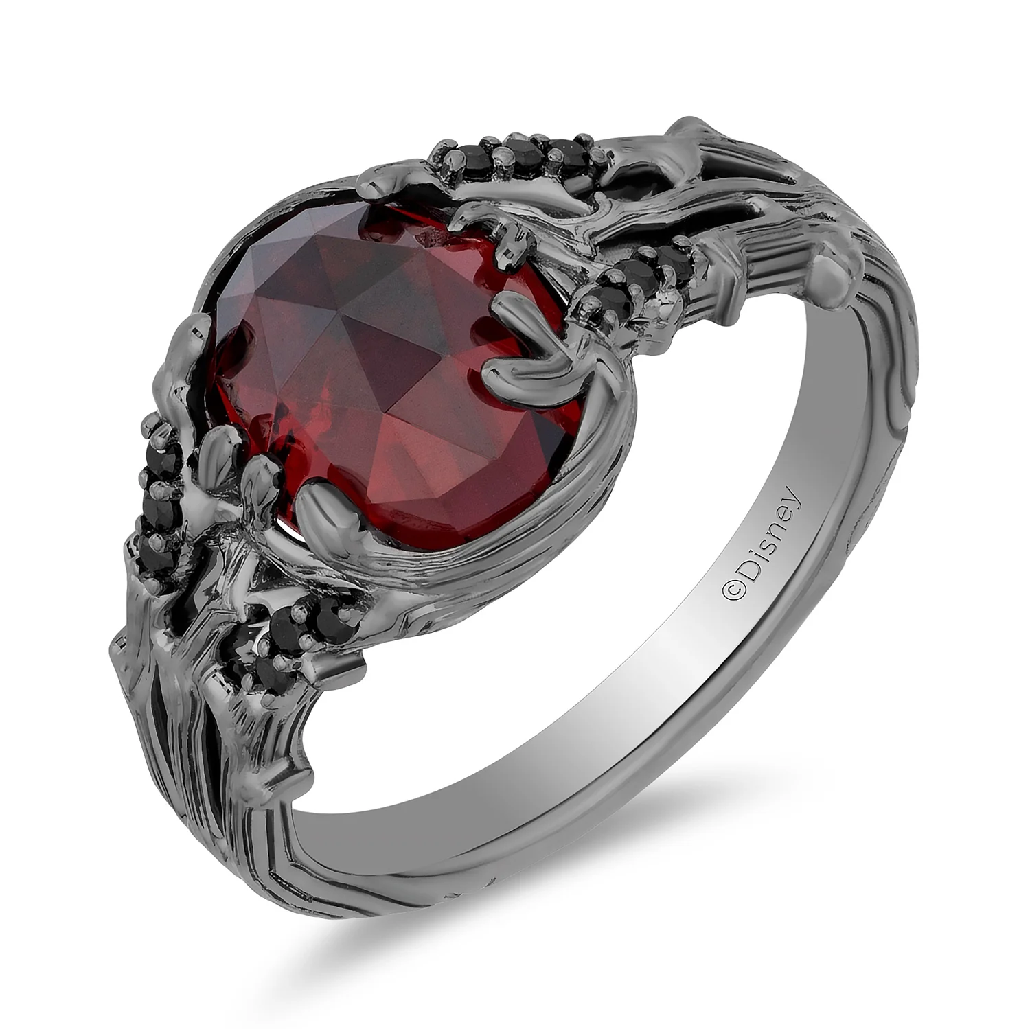 Enchanted Disney Fine Jewelry Black Rhodium Over Sterling Silver with 1/10 CTTW Black Diamonds and Garnet Evil Queen Ring