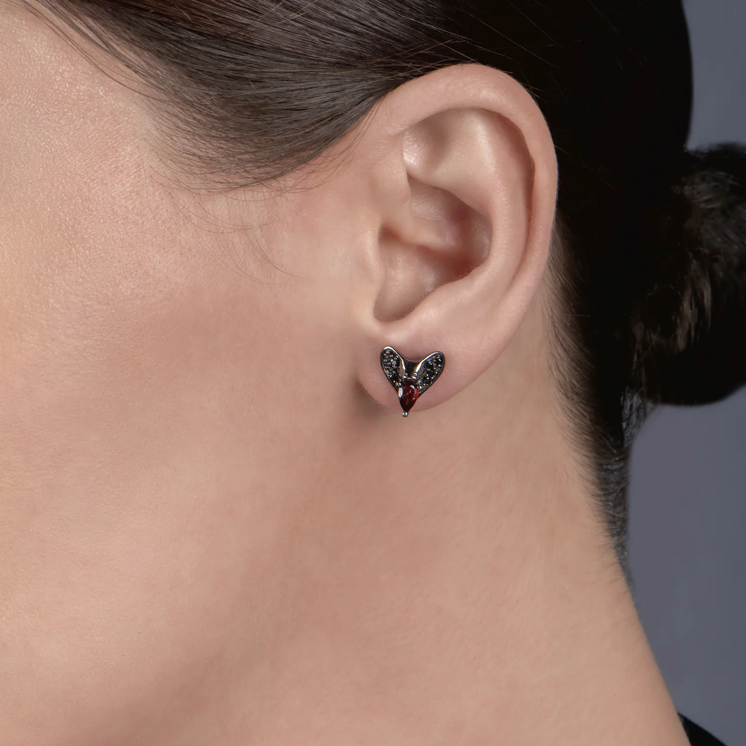 Enchanted Disney Fine Jewelry Black Rhodium over Sterling Silver with 1/8 CTTW Black Diamond and Red Garnet Jafar Stud Earrings - Image 2