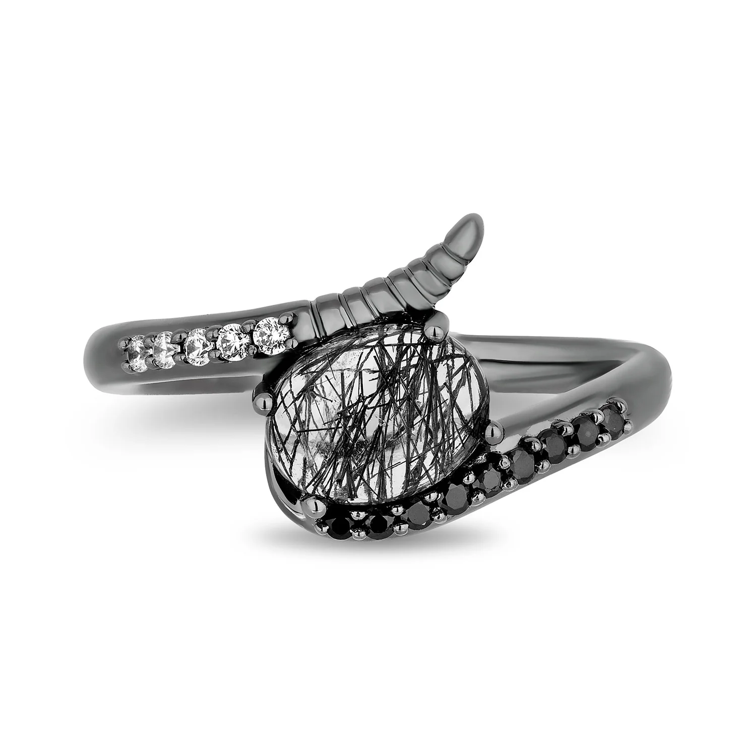 Enchanted Disney Fine Jewelry Black Rhodium over Sterling Silver with 1/8 CTTW Diamonds and Rutile Quartz Maleficent Ring - Image 2